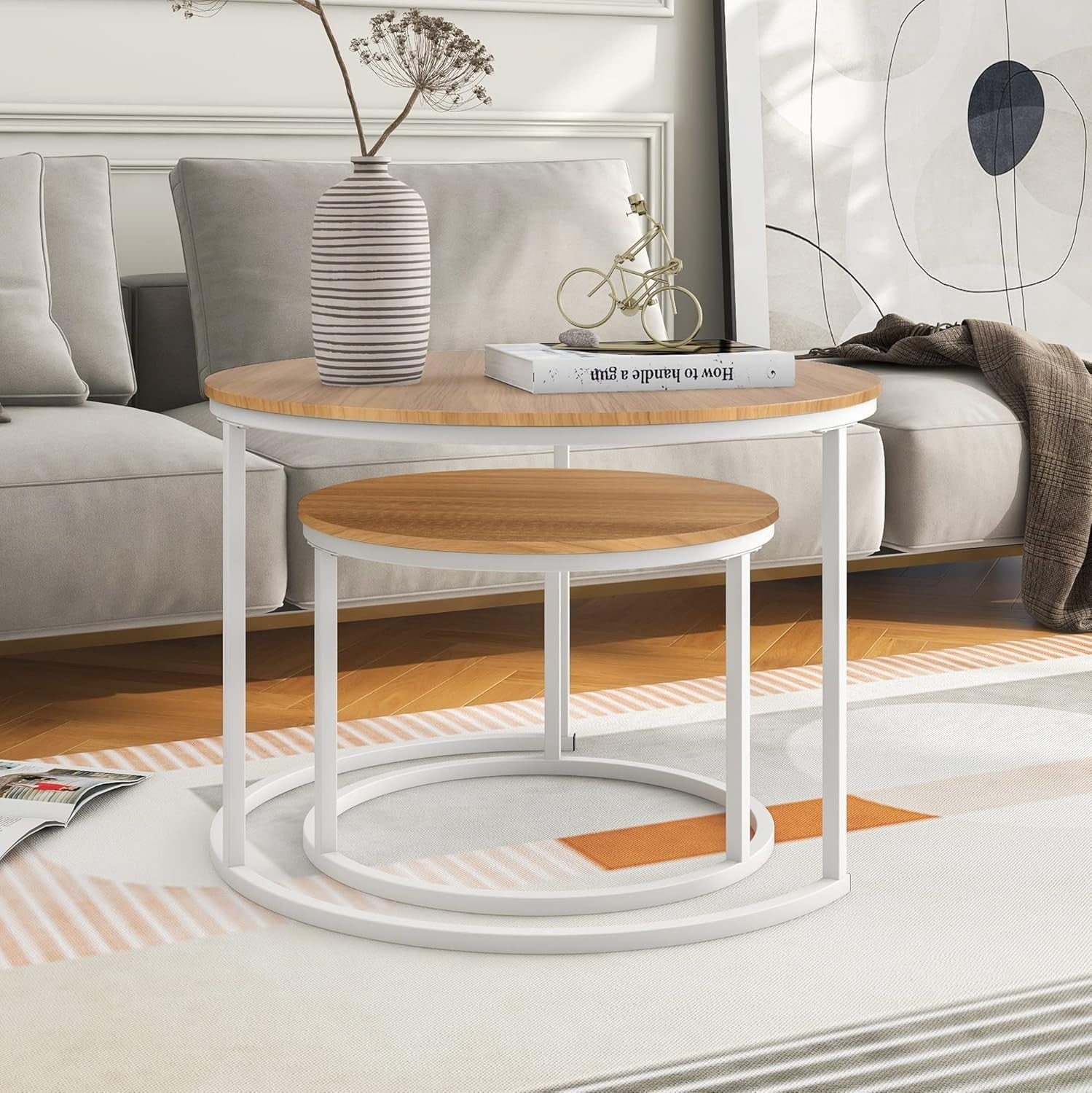 Nesting Coffee Table Set Round End Side Tables Space Saving Wood Metal Frame