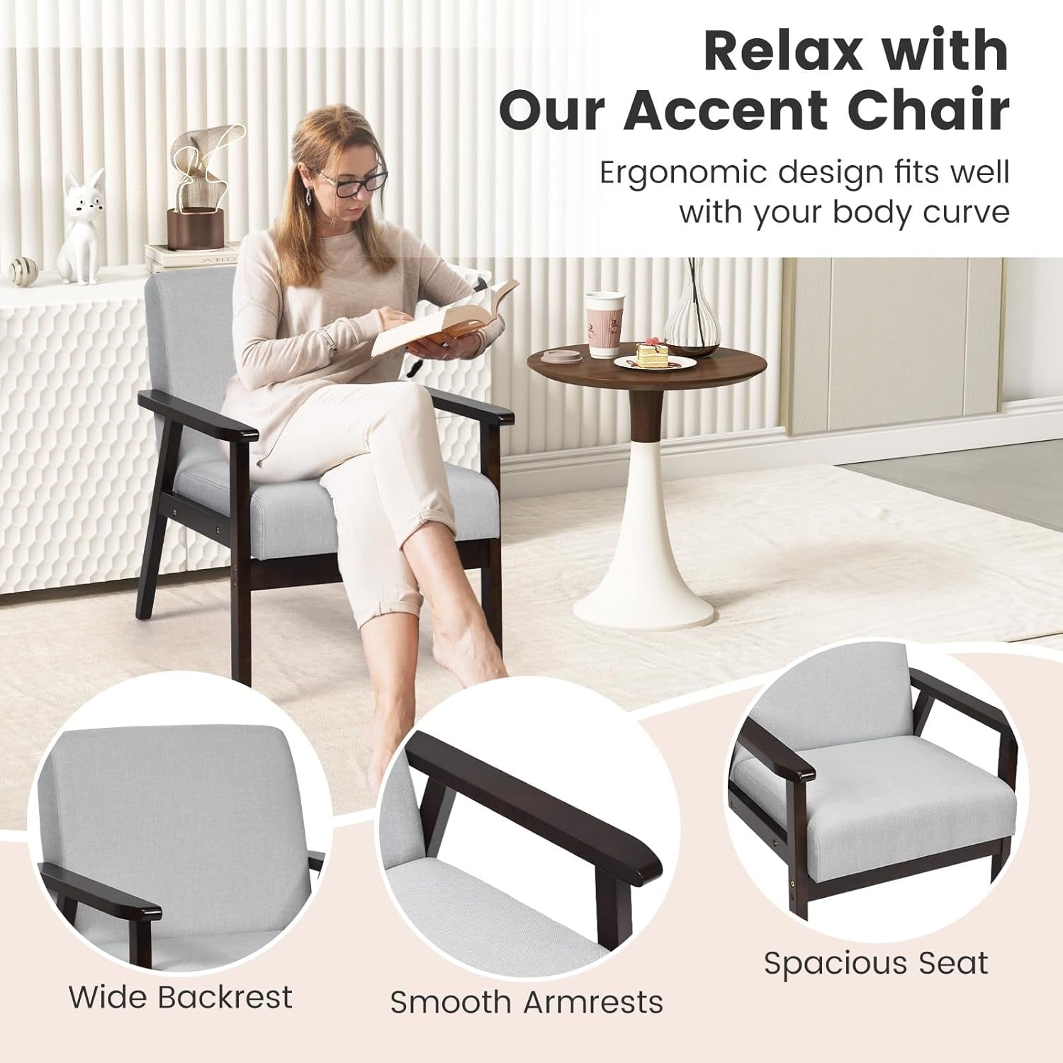 Linen Accent Armchair Rubber Wood Frame Lounge Chair Grey