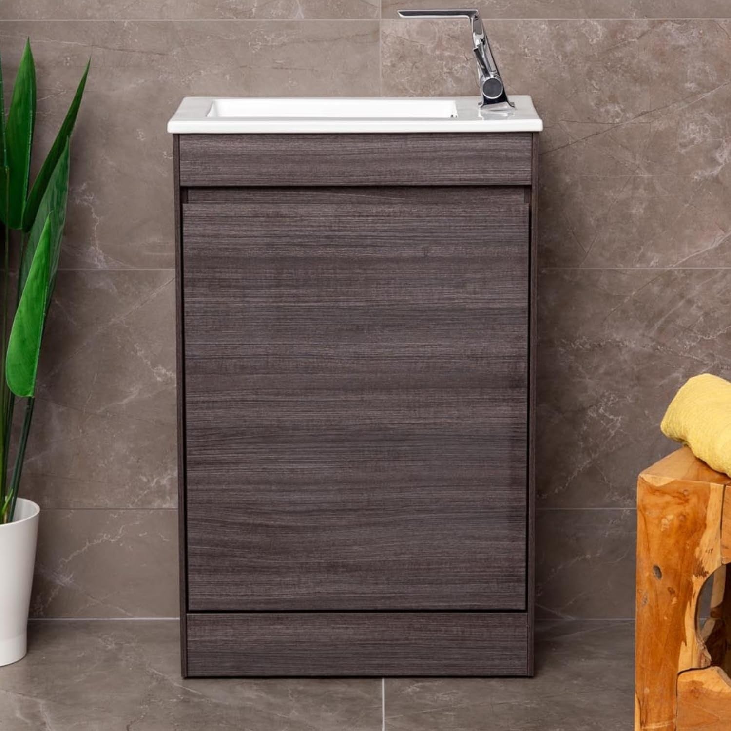550mm Dark Oak Floor Standing Vanity Unit with Ceramic Basin & Soft Close Door