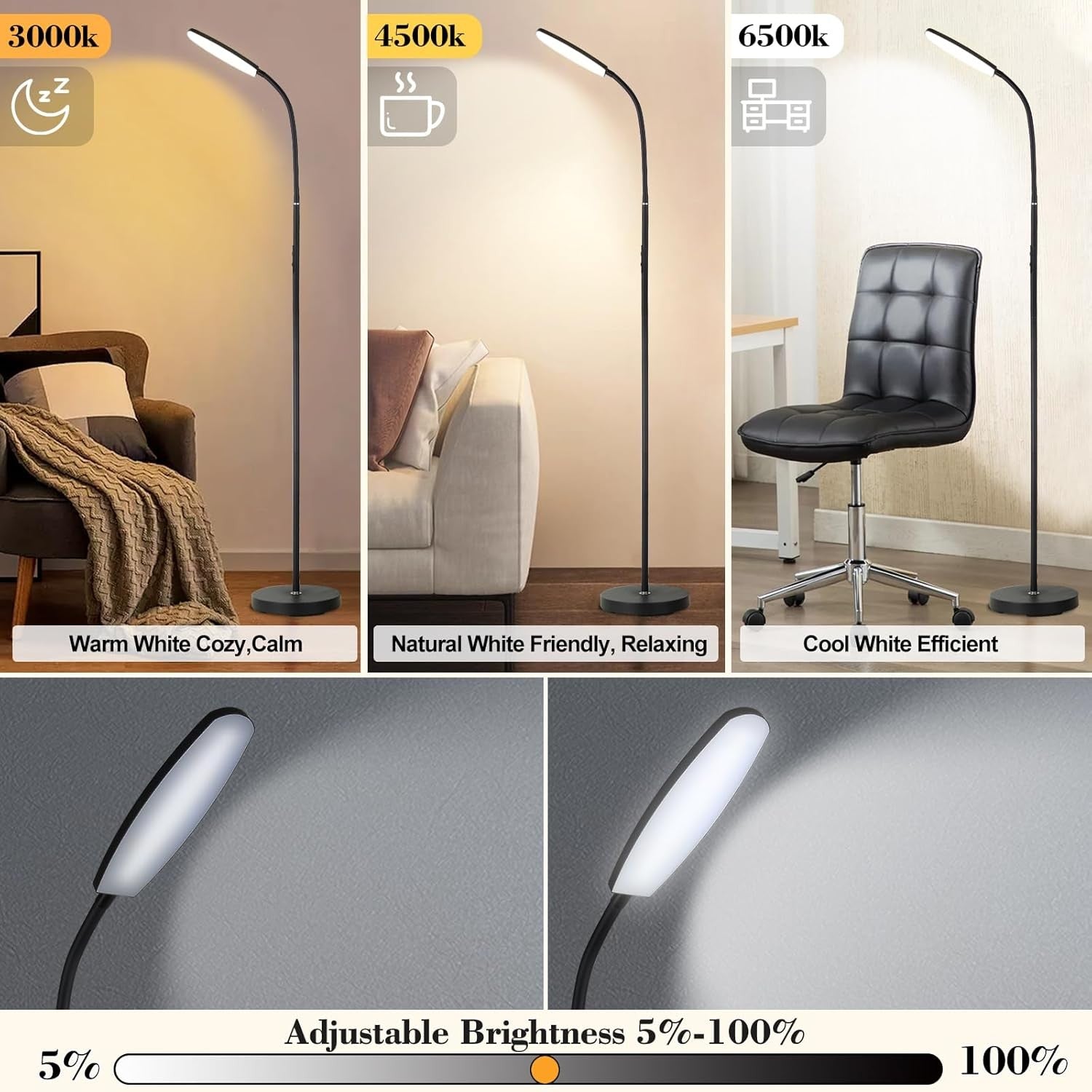 LED Reading Floor Lamp Remote Touch Dimmable Gooseneck Modern Strip Light