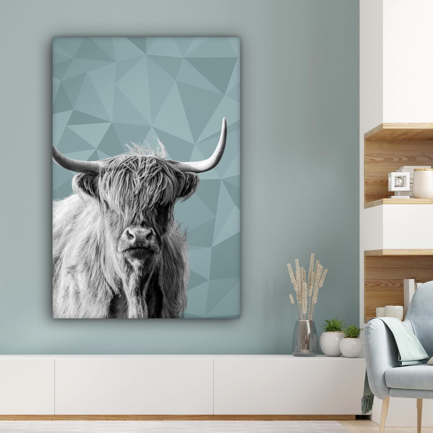 Large Highland Cow Canvas Wall Art Black White Modern Animal Print 31x47