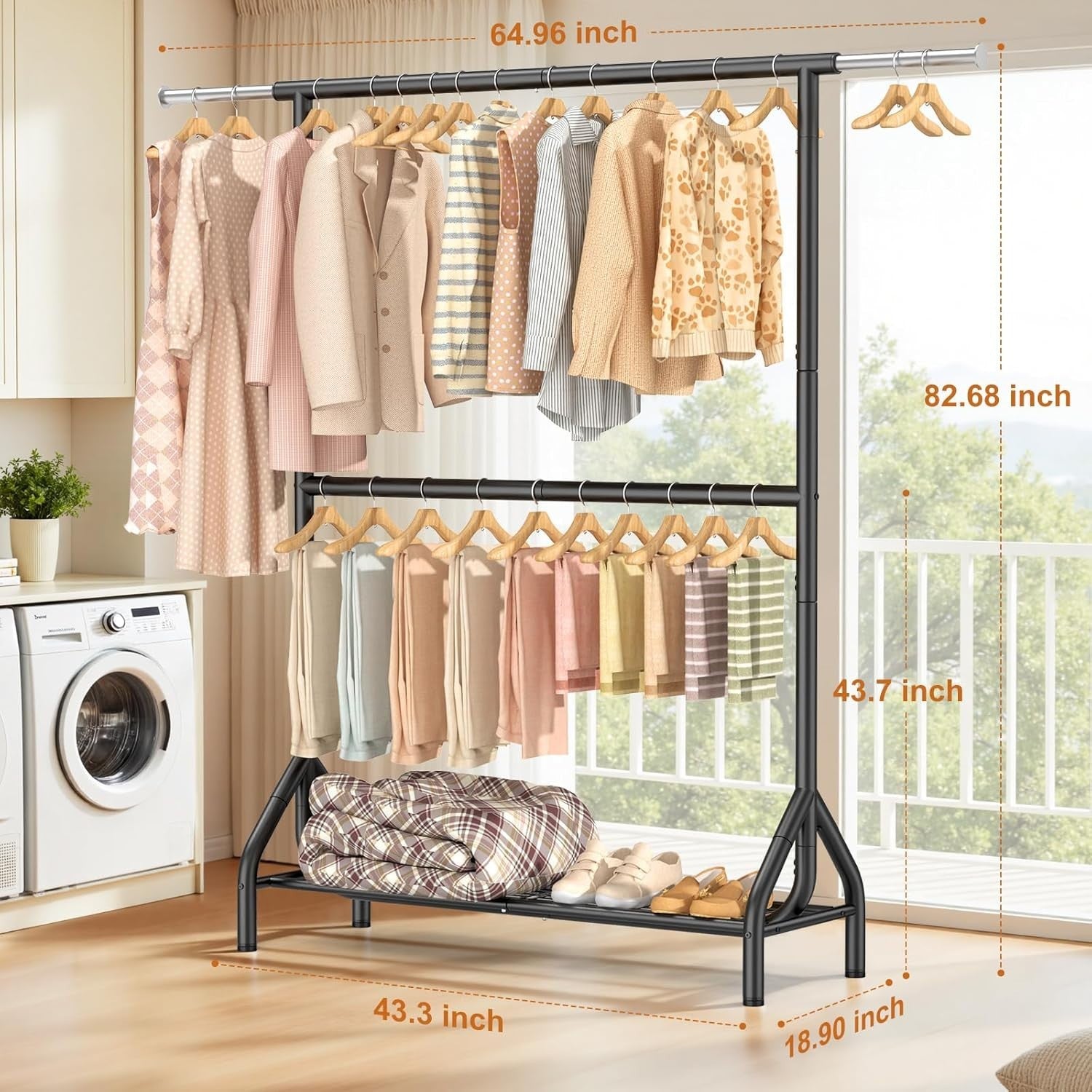280KG Double Clothes Rail with Shelves – Heavy Duty Black