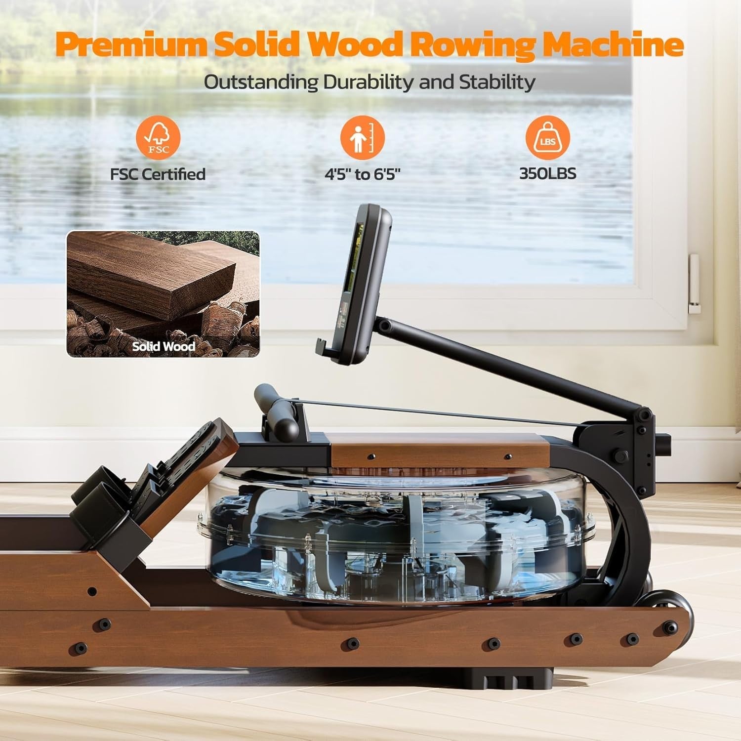 Foldable Oak Wood Water Rowing Machine Bluetooth LCD Home Rower 350LB Capacity