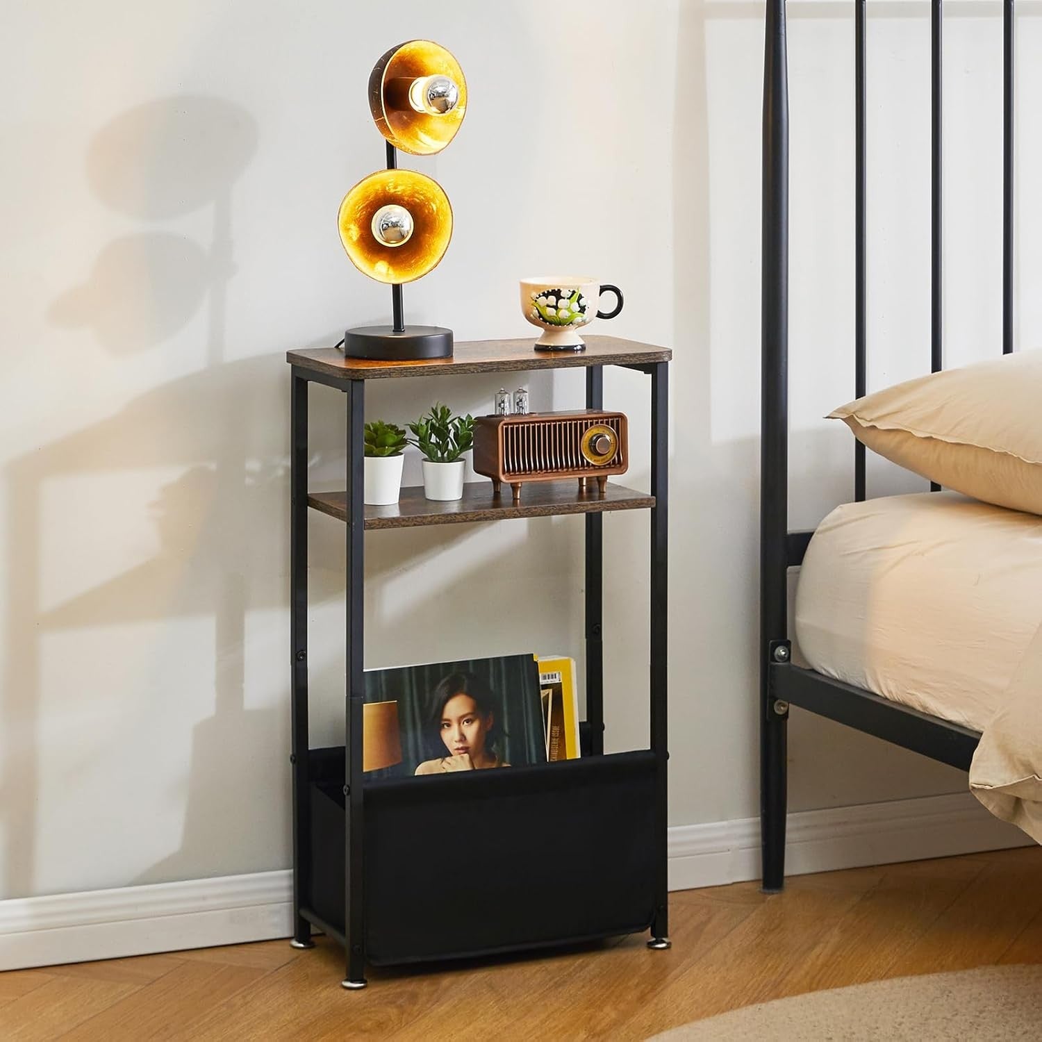Slim 3-Tier Side Table with Storage Basket – Narrow Rustic Bedside/End Table for
