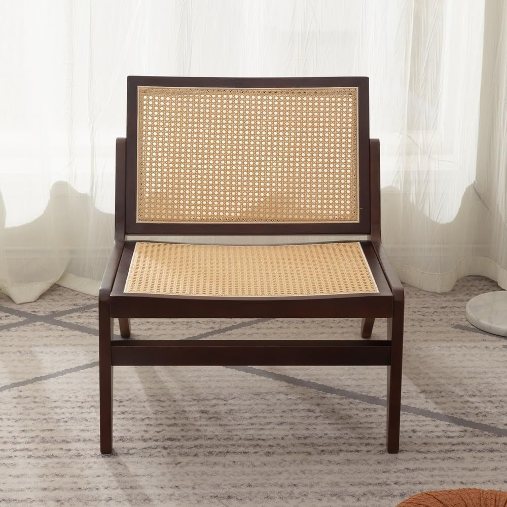 Walnut Rattan Accent Lounge Chair Wooden Frame Mid Century Armchair