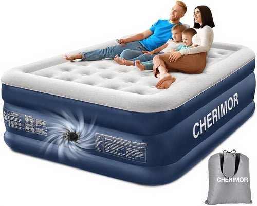 Queen Inflatable Air Mattress with Built-In Pump, Flocked Top, 203x152x46cm