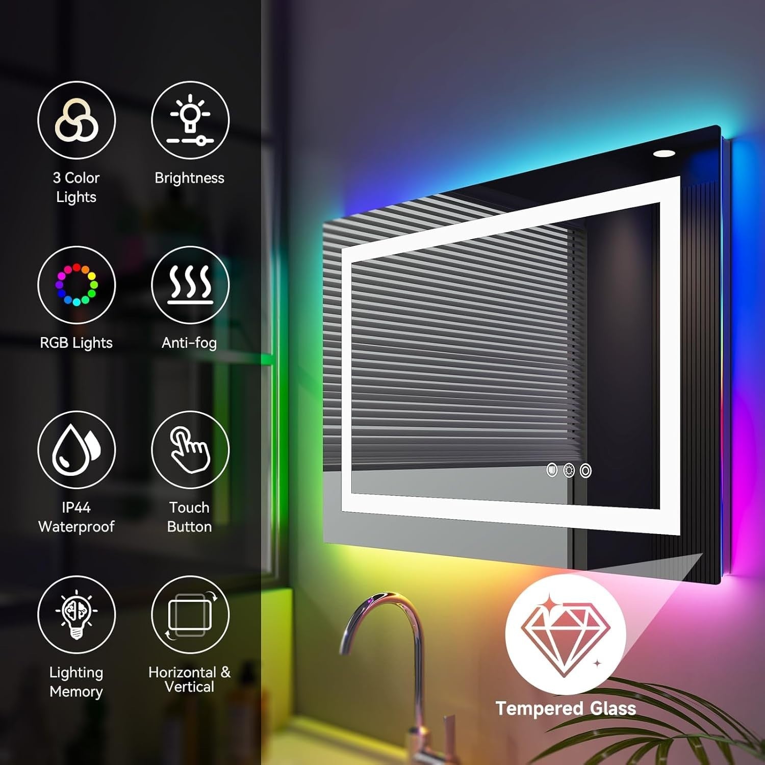 RGB LED Bathroom Mirror 70x50cm Wall Mounted Light Anti-Fog Touch Pad