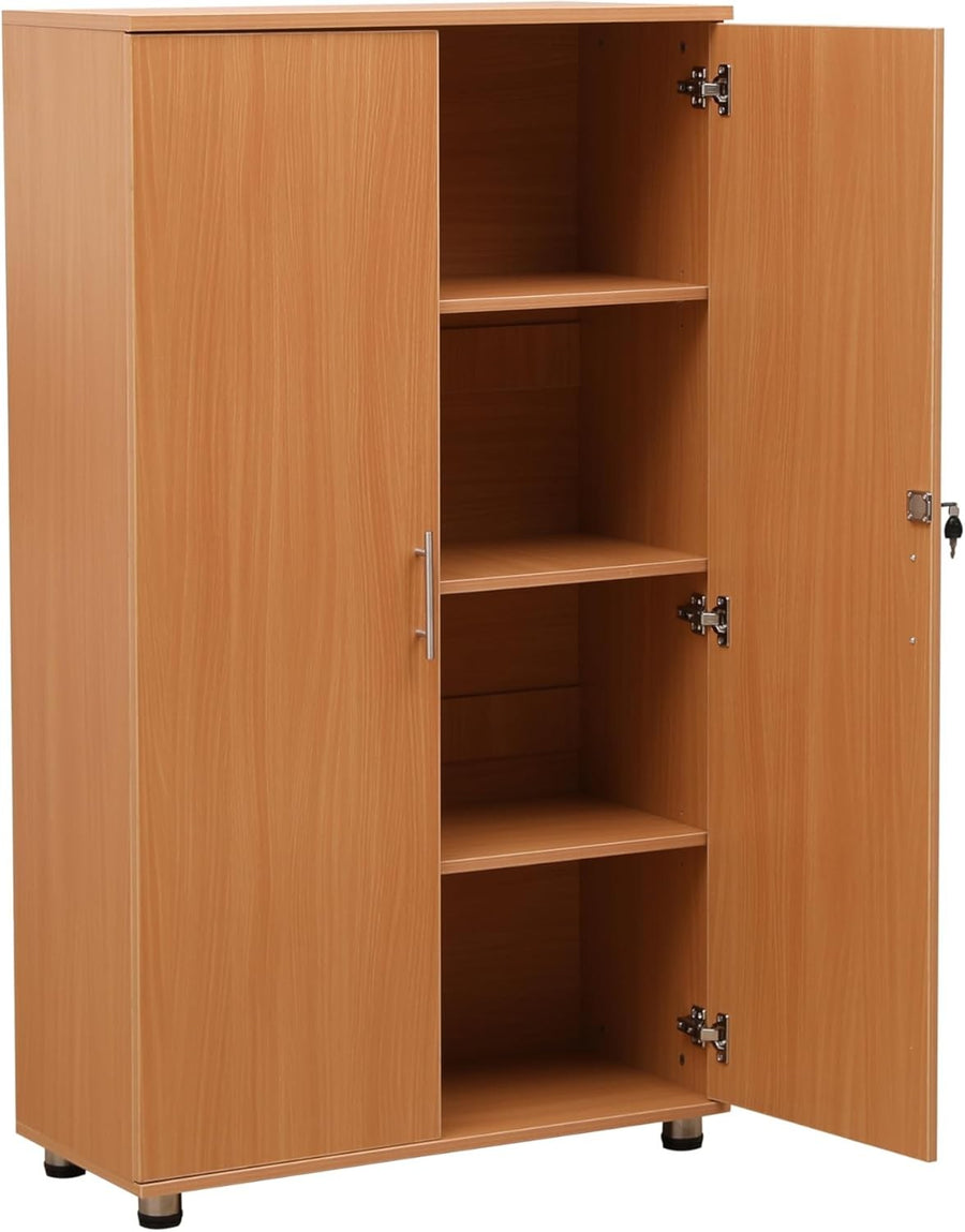 Beech Office Storage Cabinet Lockable 2 Door Cupboard Adjustable Shelves