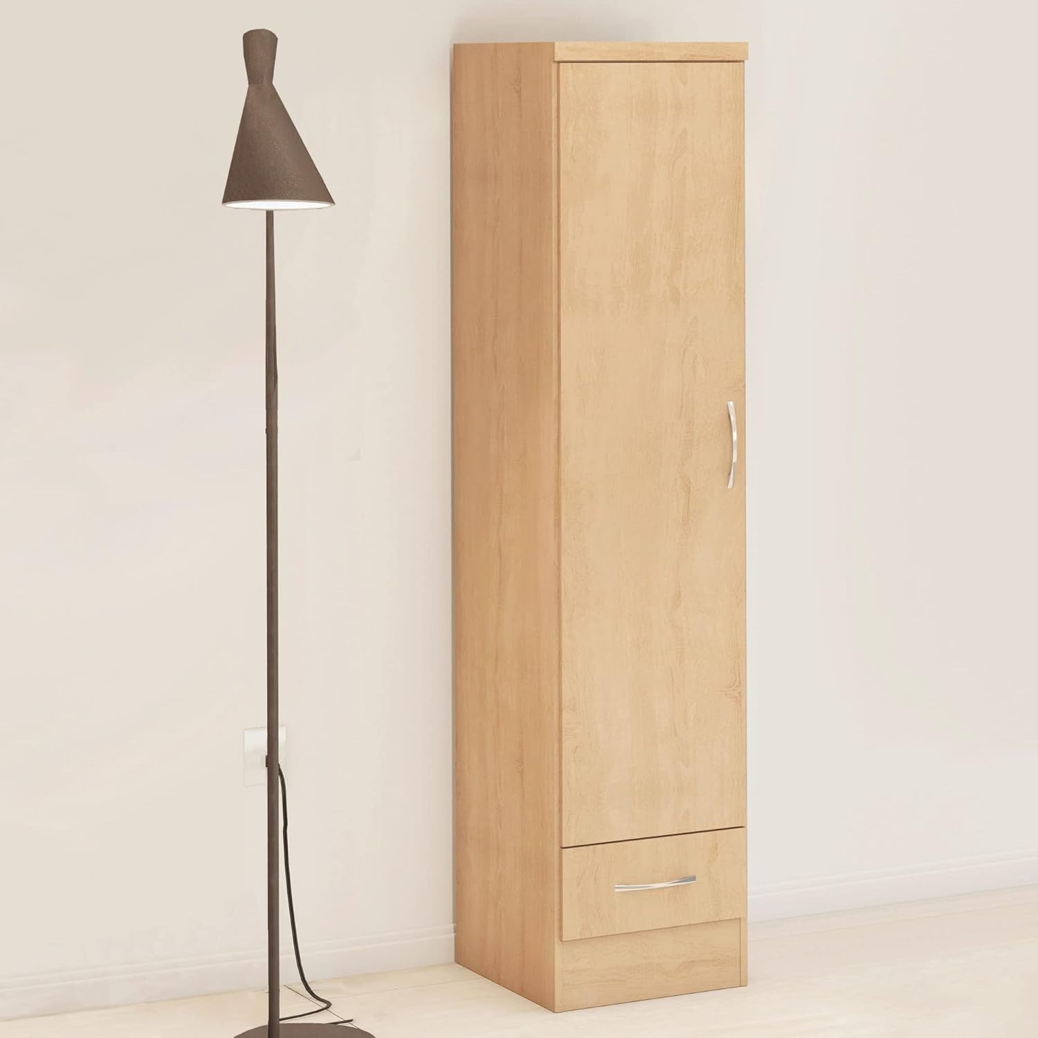 Slim Oak Effect 1 Door Wardrobe with Drawer – Space Saving Bedroom Unit
