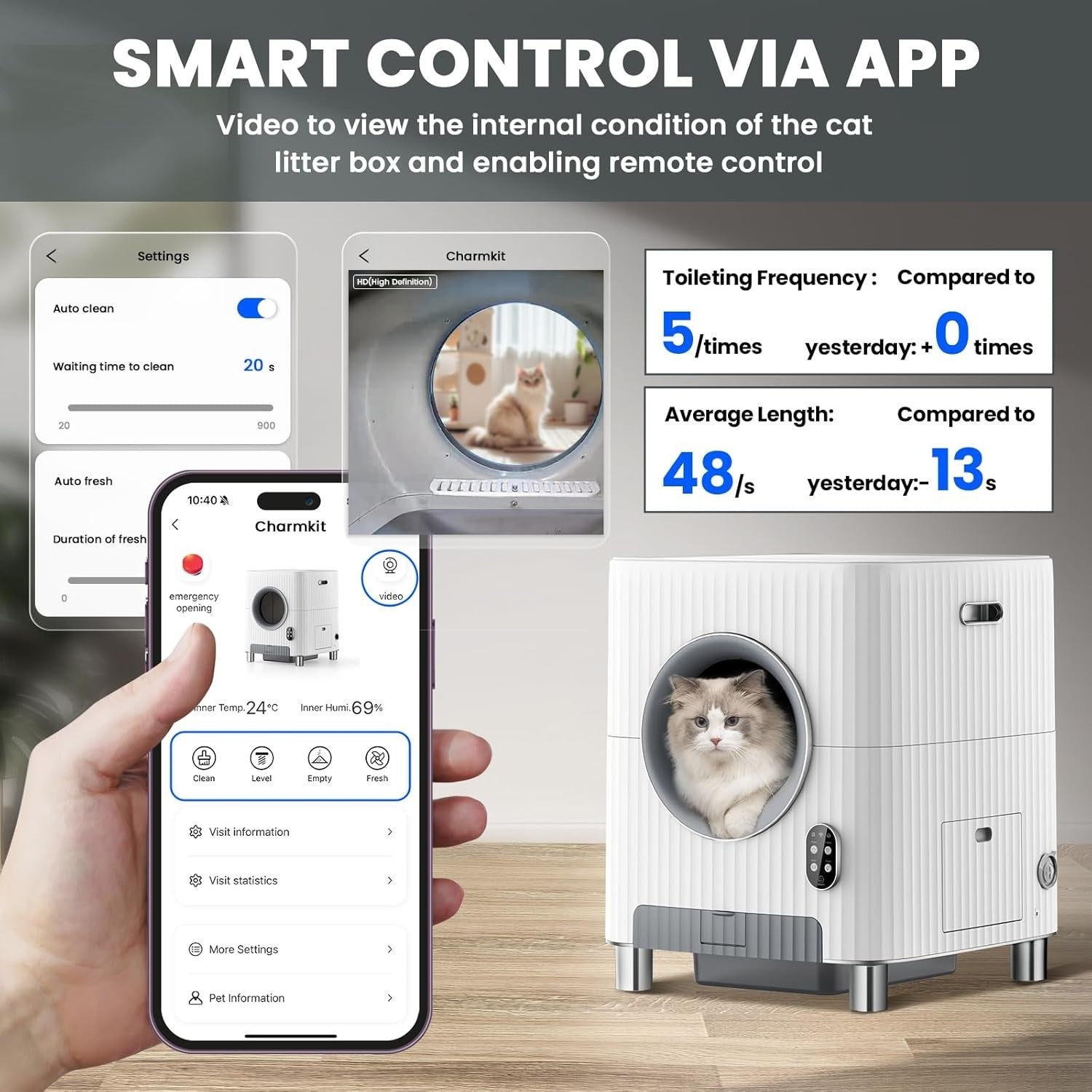 Self Cleaning Cat Litter Box APP Video Monitor Auto Door Odor Control