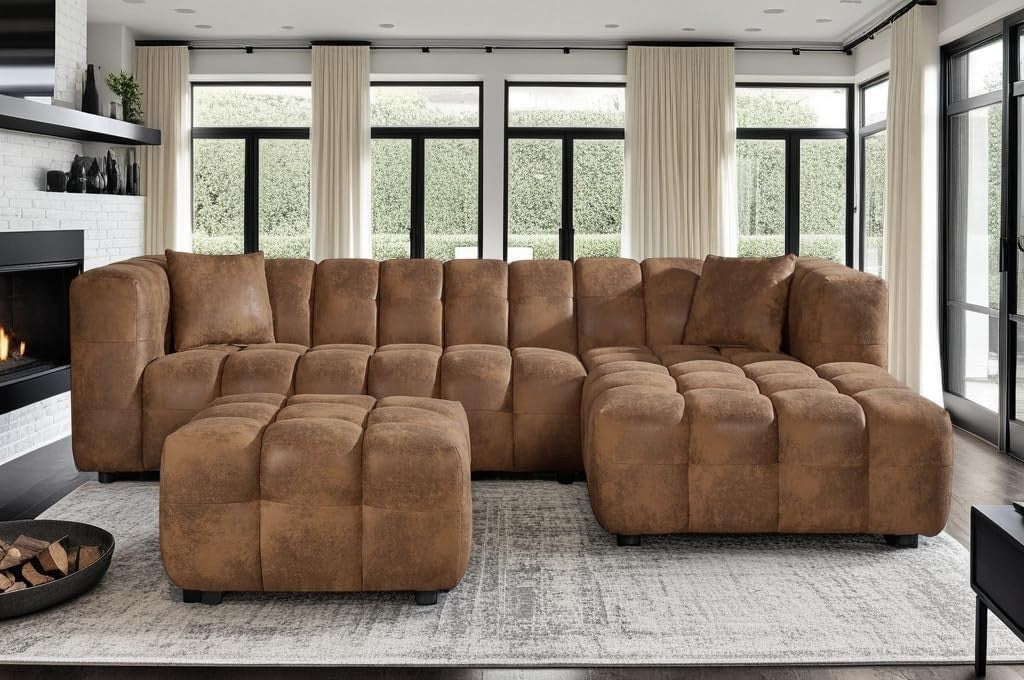 Brown Faux Leather 6-Seater Sectional Sofa with Ottoman & Tufted Design