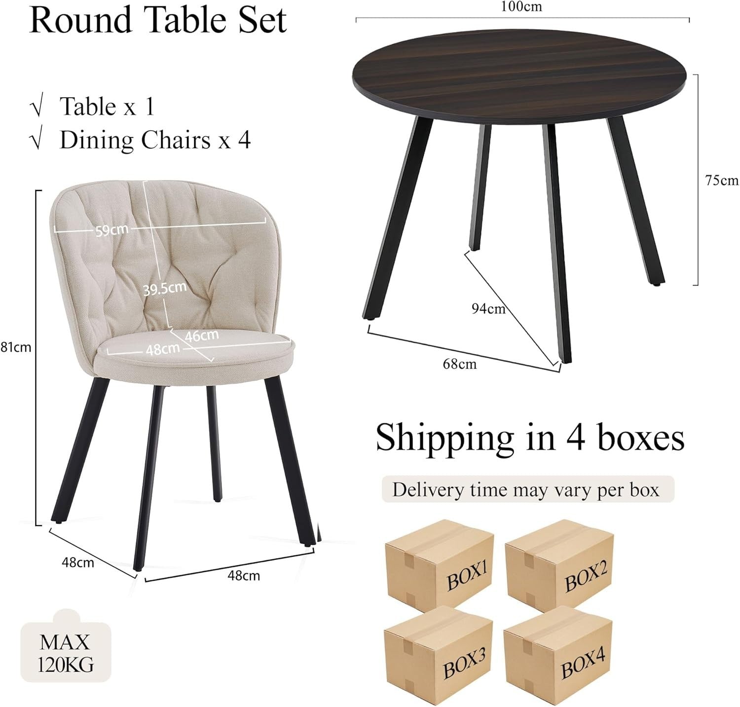 Round Dining Table & 4 Beige Chairs Set | Wooden Marble Top | Linen Upholstery