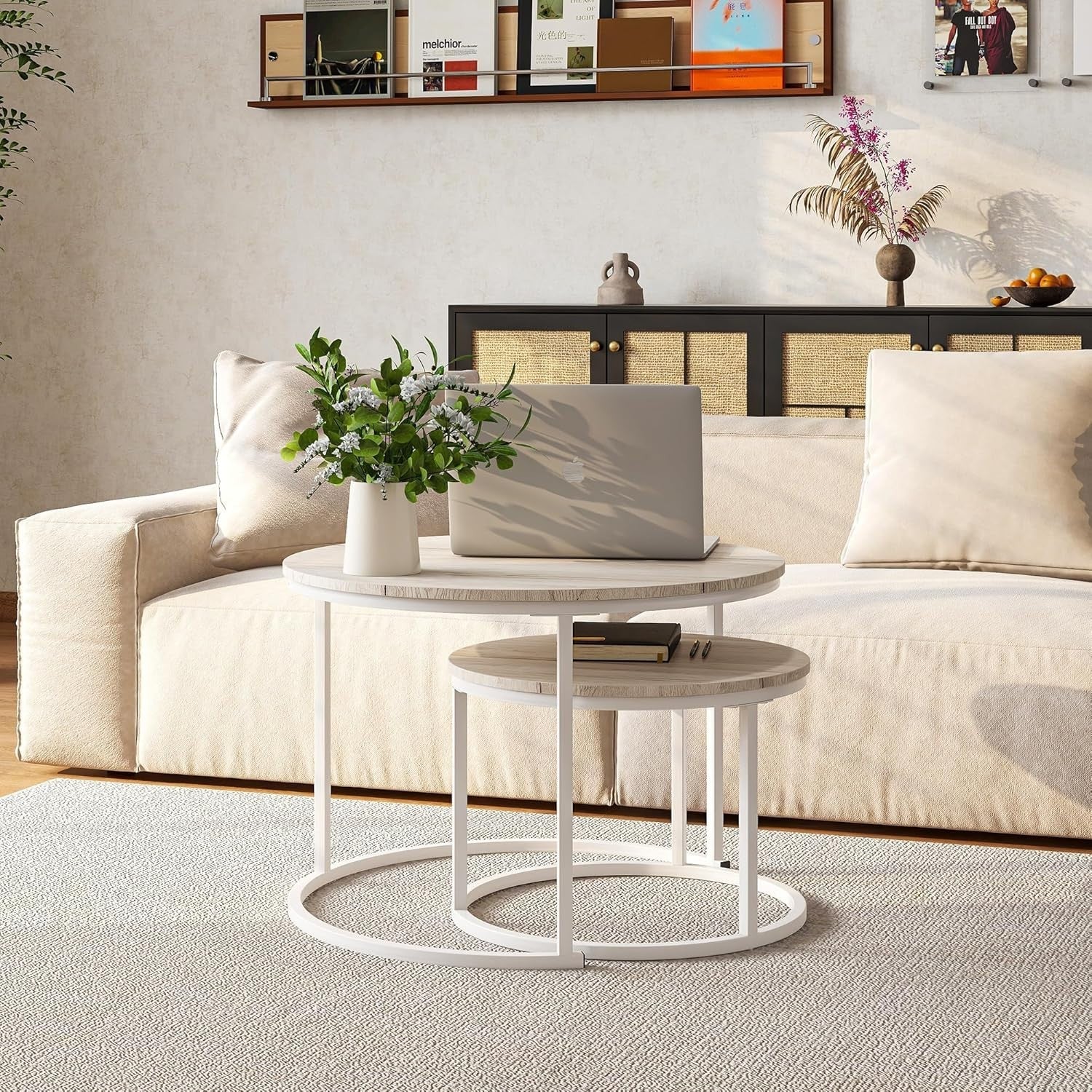Round Nesting Coffee Tables Set of 2 with Metal Frame & Oak Tops, Space Saving