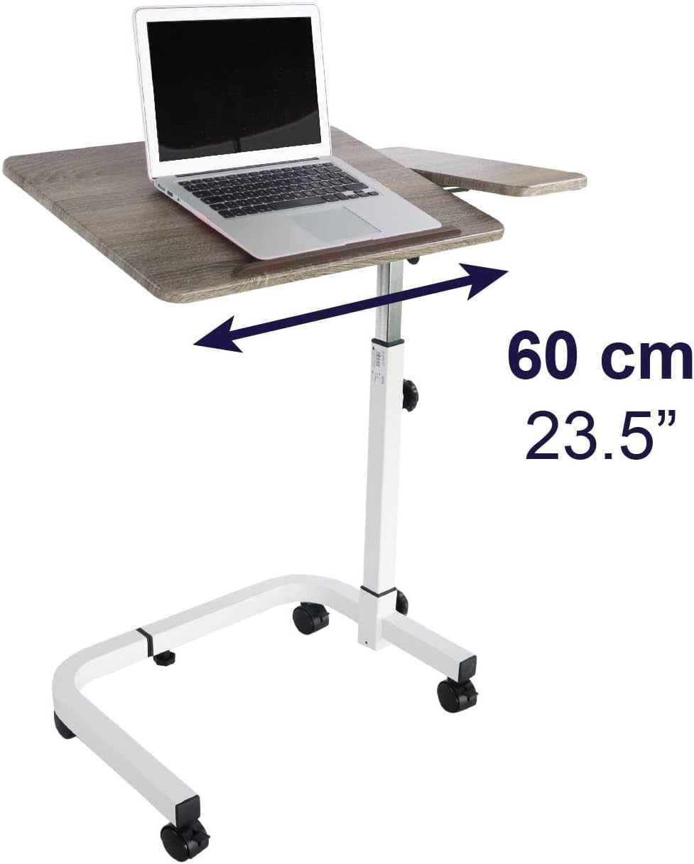 Overbed Table with Wheels Adjustable Height Tilting Laptop Desk White