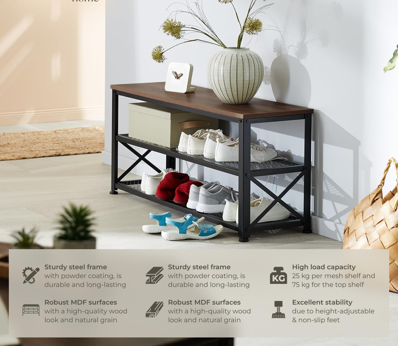 Space-Saving 3-Tier Shoe Rack with Dark Wood Shelf & Sturdy Steel Frame