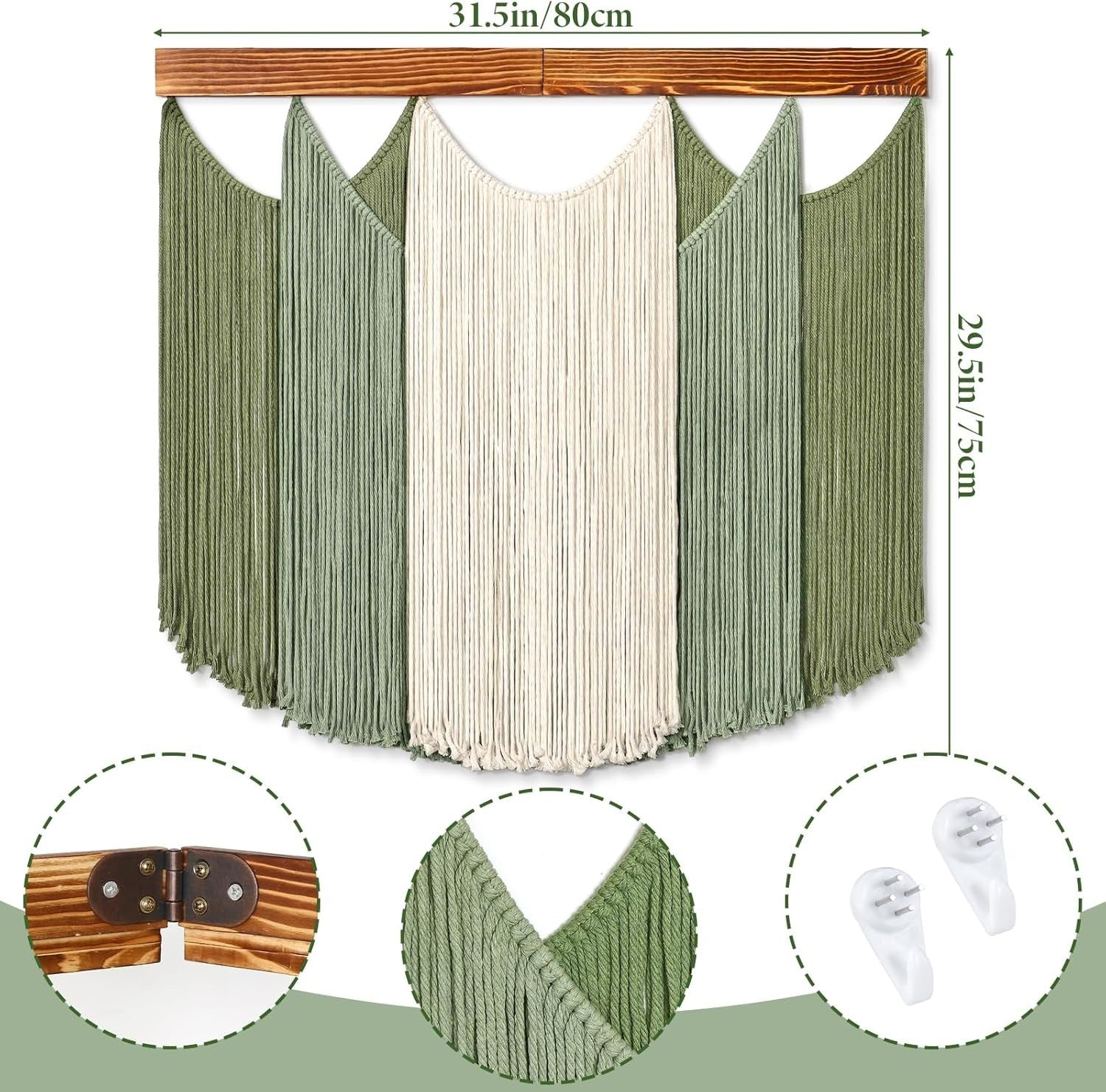Boho Macrame Wall Hanging Dip-Dyed Green Beige Woven Tapestry