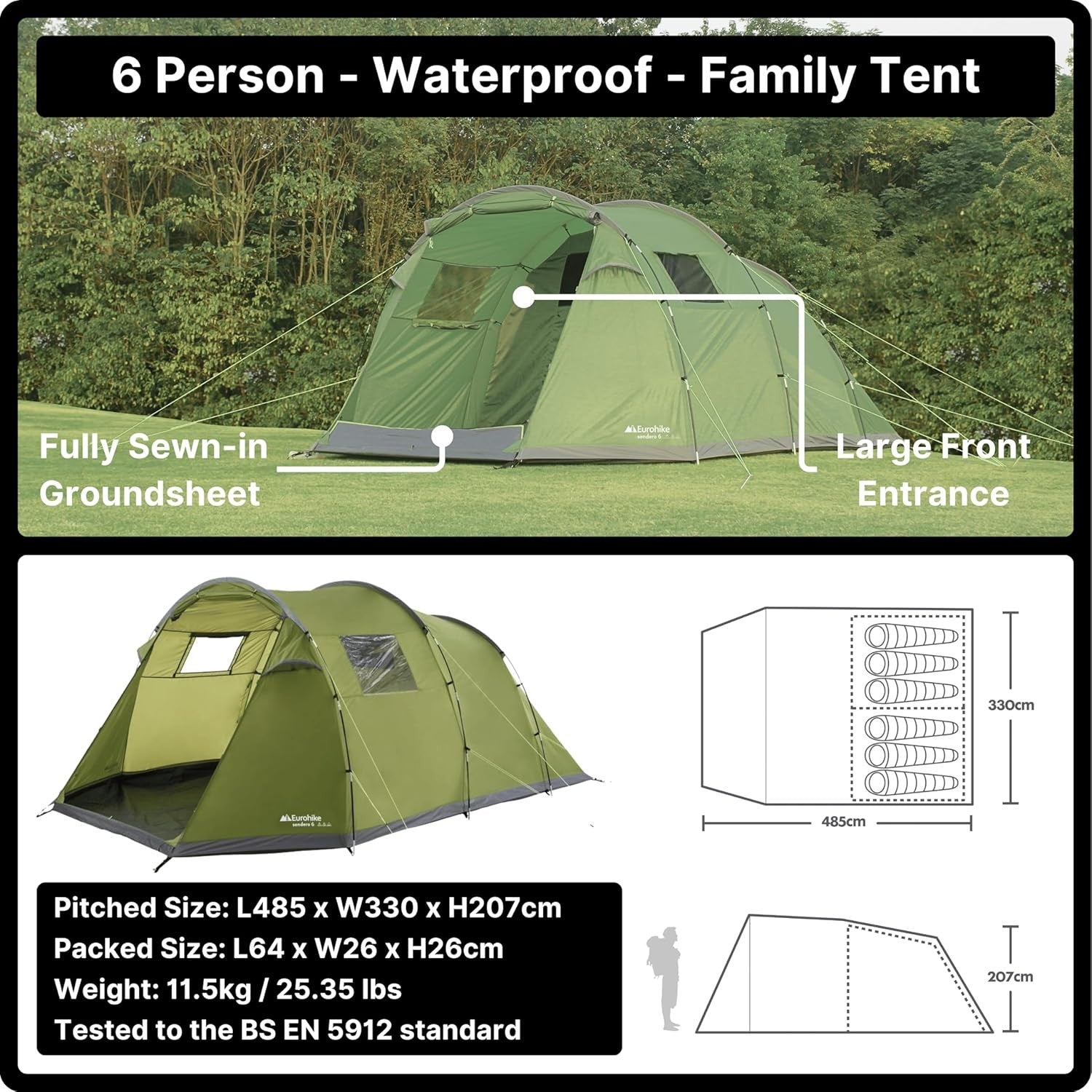 6 Man Family Camping Tent Tunnel Waterproof Porch Groundsheet