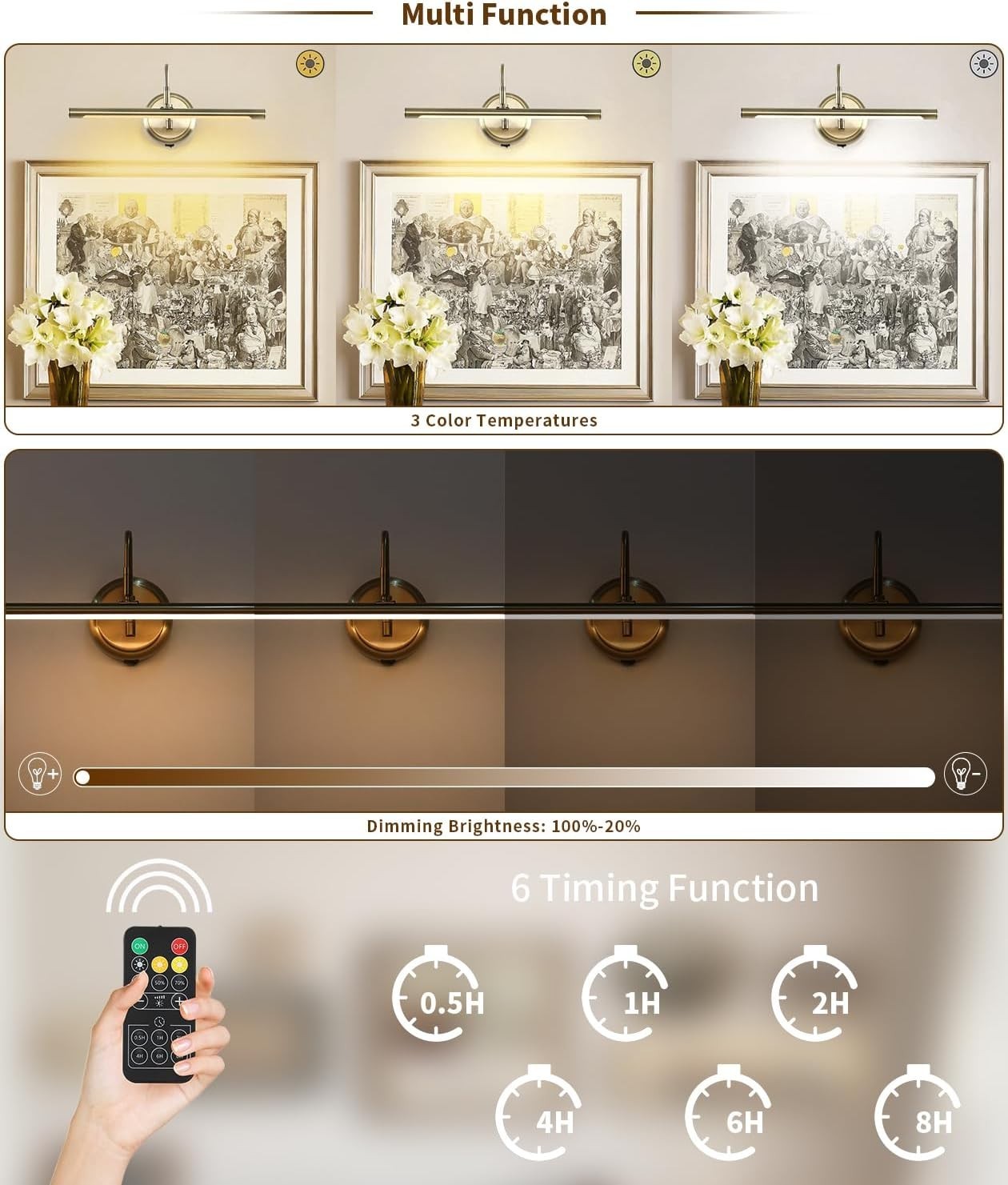 Wireless Antique Brass Wall Light with Adjustable Swing Arm, Dimmable 16.5"