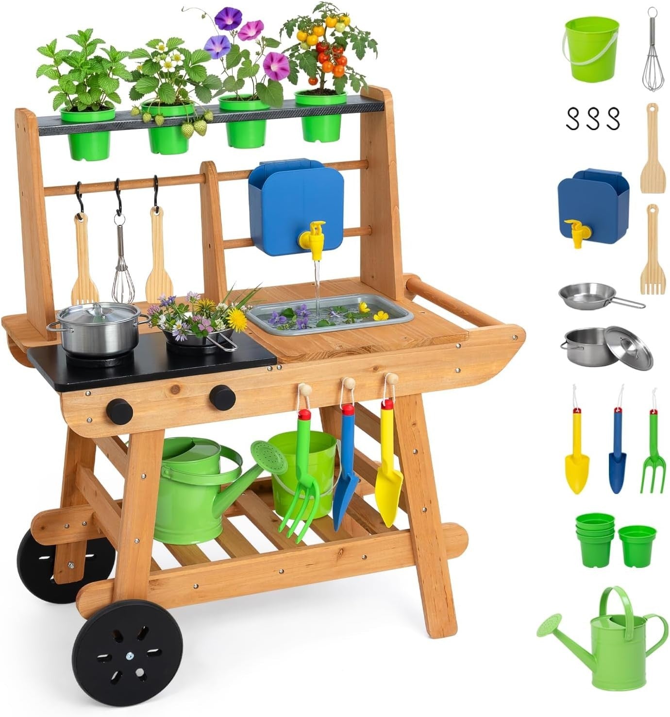 Wooden Mud Kitchen for Kids Outdoor Playset w/ Wheels Sink Stove