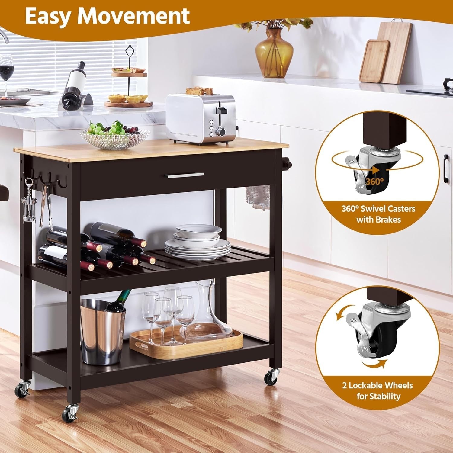 Rolling Kitchen Island Trolley Cart with Bamboo Top, Drawer & Shelves