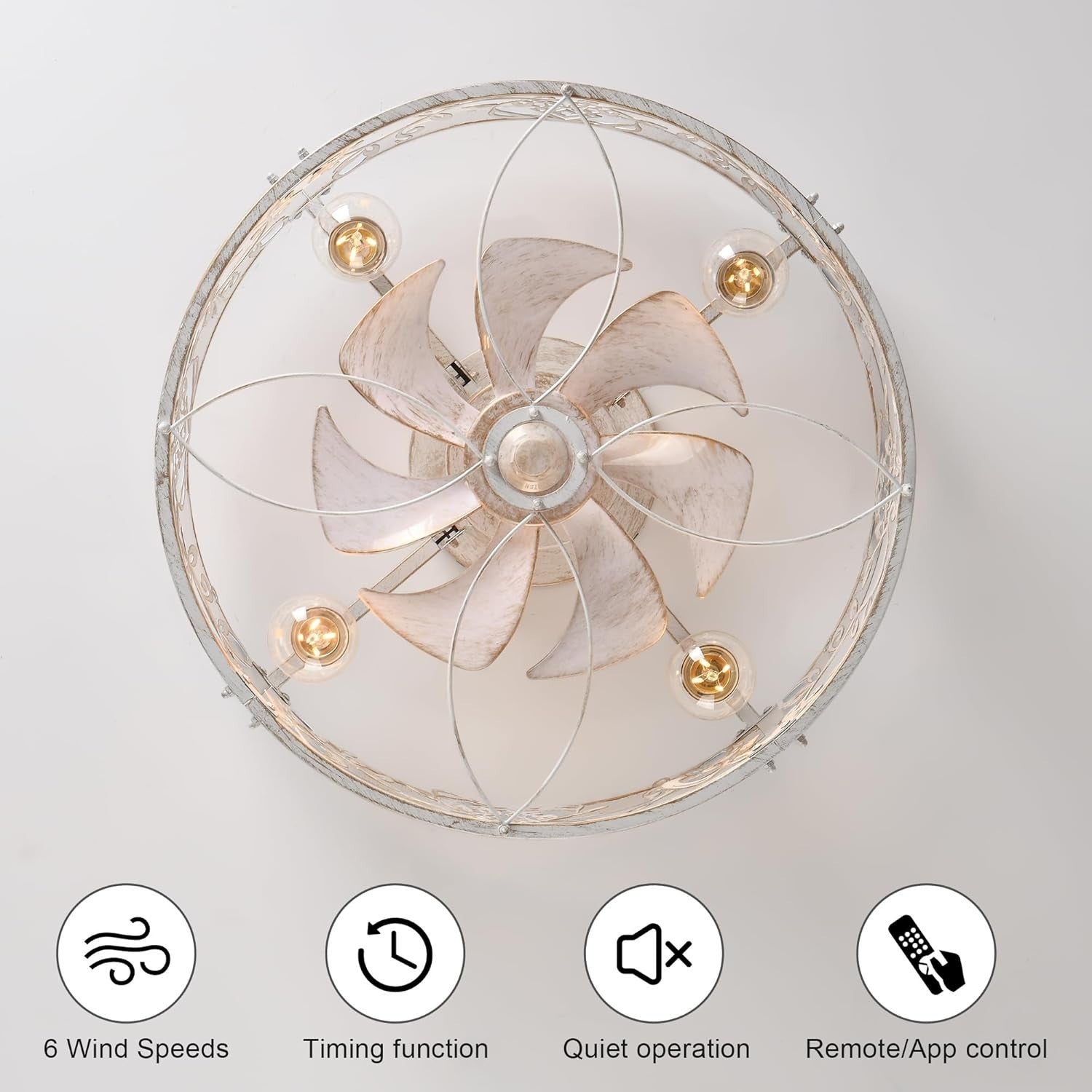 Caged Ceiling Fan with Light 51CM, 6-Speed, E27, APP, Remote, WhiteGaneed
