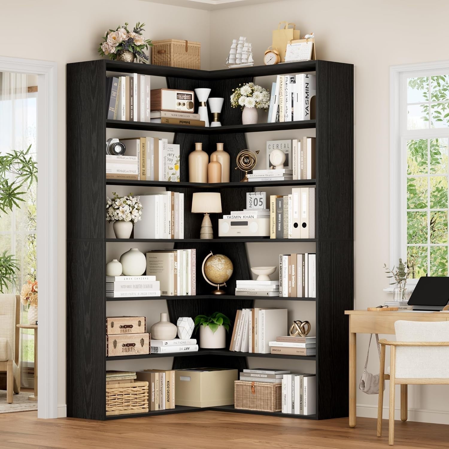 6 Tier White Corner Bookcase L-Shaped Tall Storage Shelf Modern 90x90x190 Black