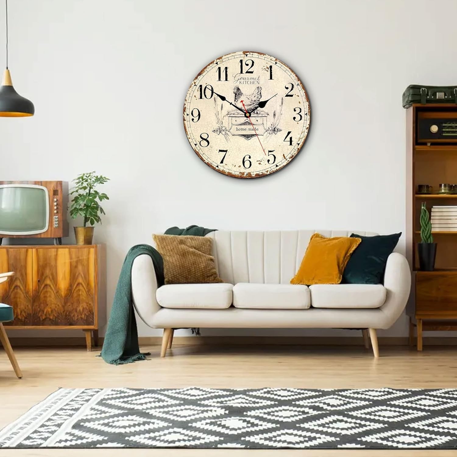 Rustic French Country Wall Clock 14" Silent Non-Ticking Vintage Wood Kitchen