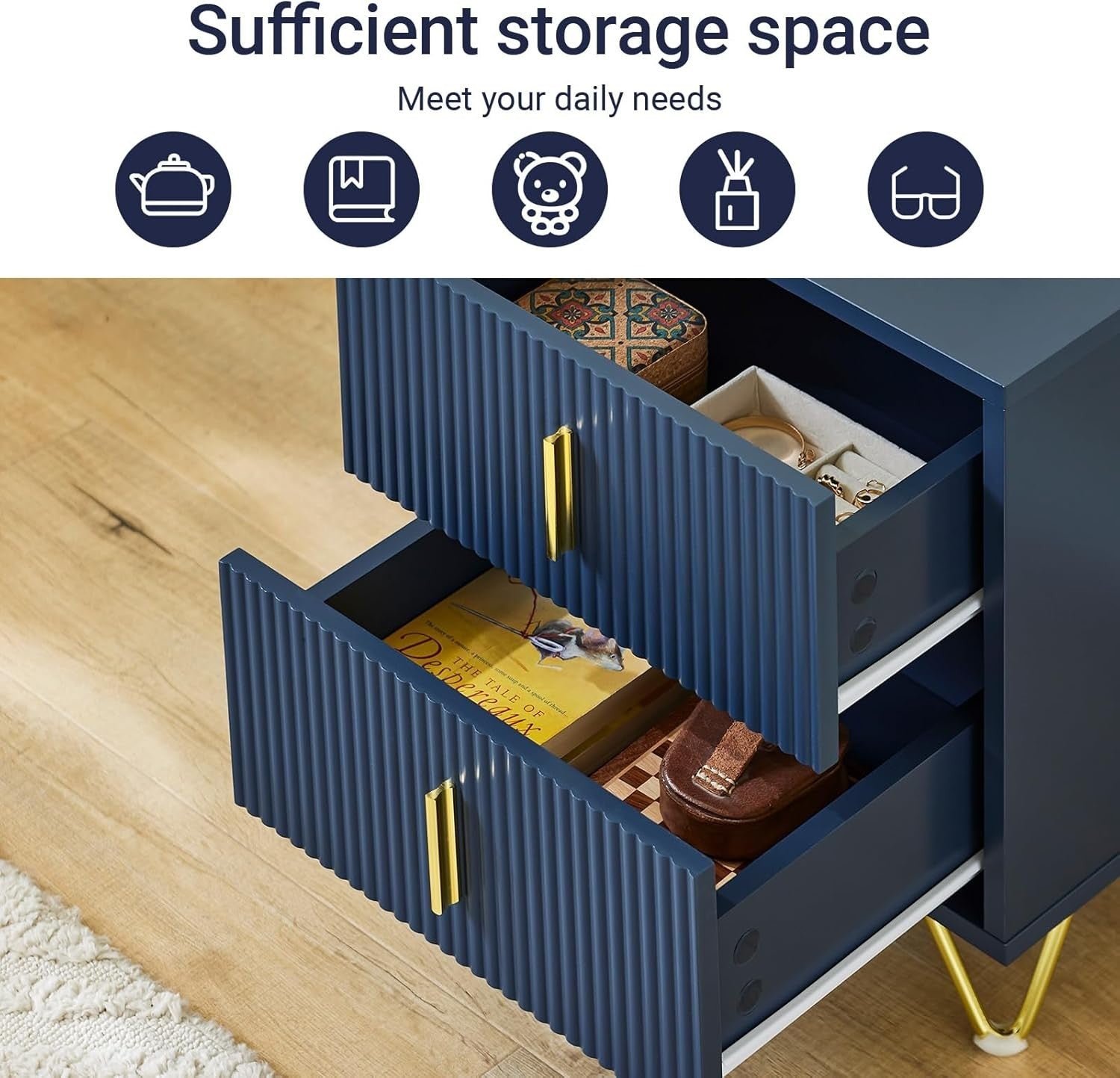 Blue Bedside Table with 2 Drawers & Gold Legs – Modern Nightstand