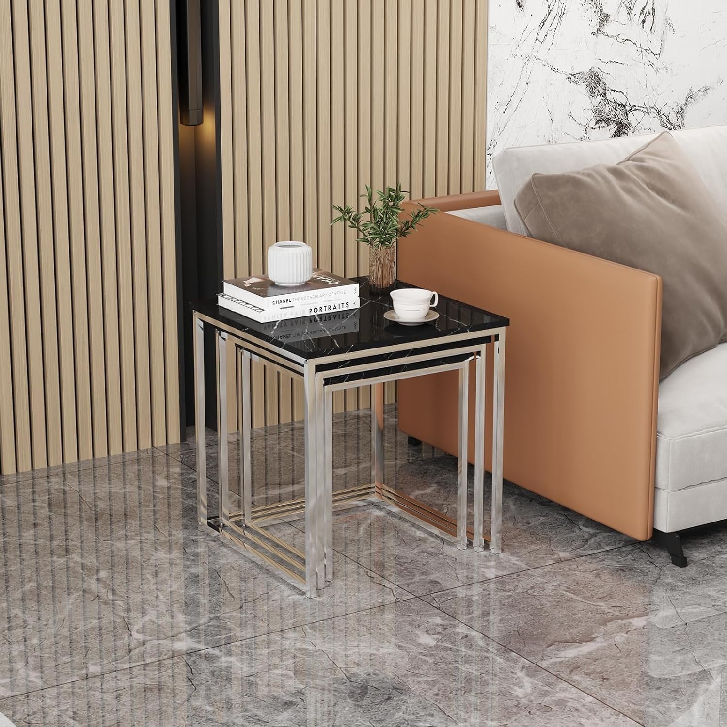3 Nesting Coffee Tables Set Black Marble Square End Side Living Room Furniture