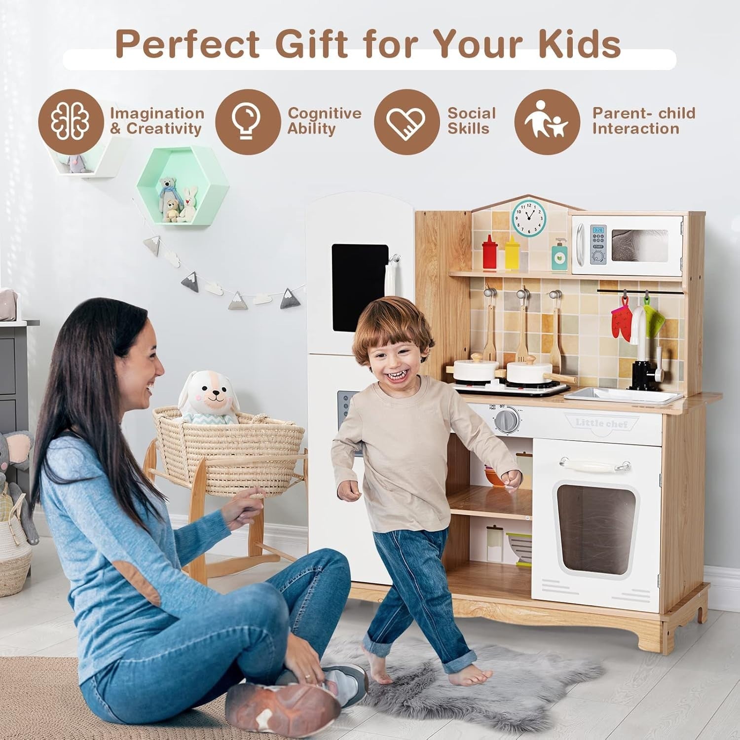 Wooden Kids Play Kitchen Lights Sounds Ice Maker Water Dispenser Set