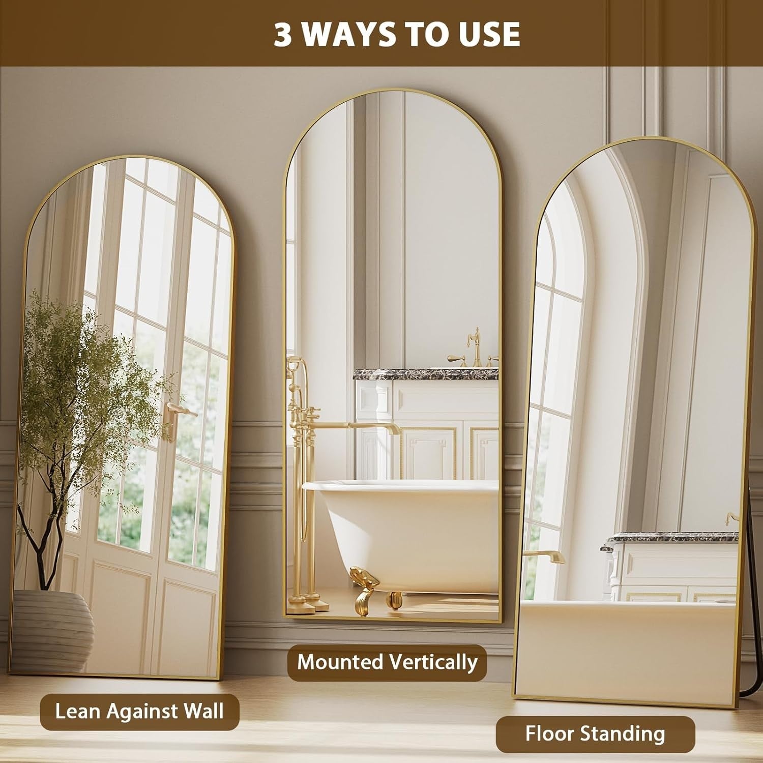 Full-Length Arched Mirror 142x52cm Shatterproof Gold Aluminum Frame