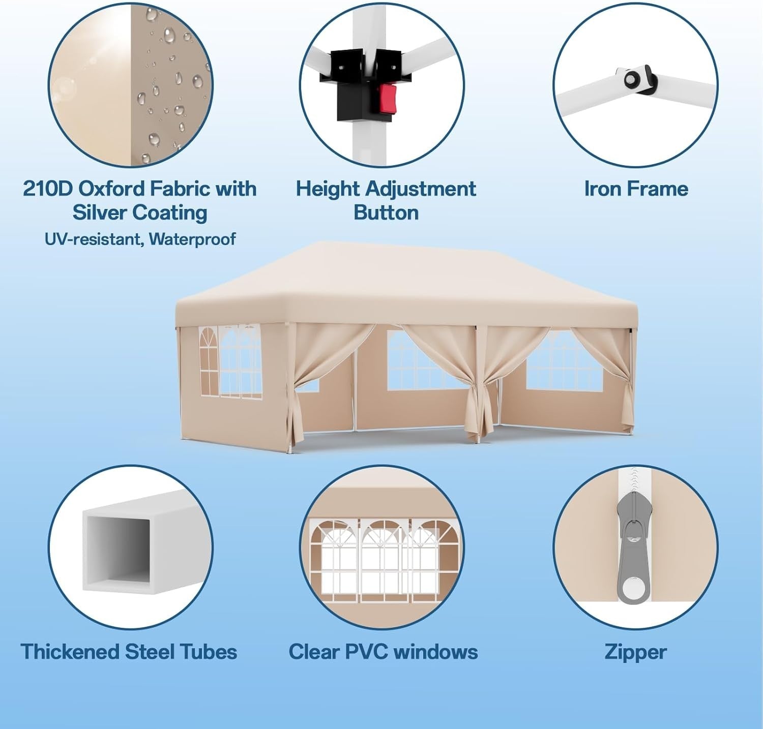 3x6M Beige Pop Up Gazebo With Removable Sidewalls Waterproof Outdoor Tent