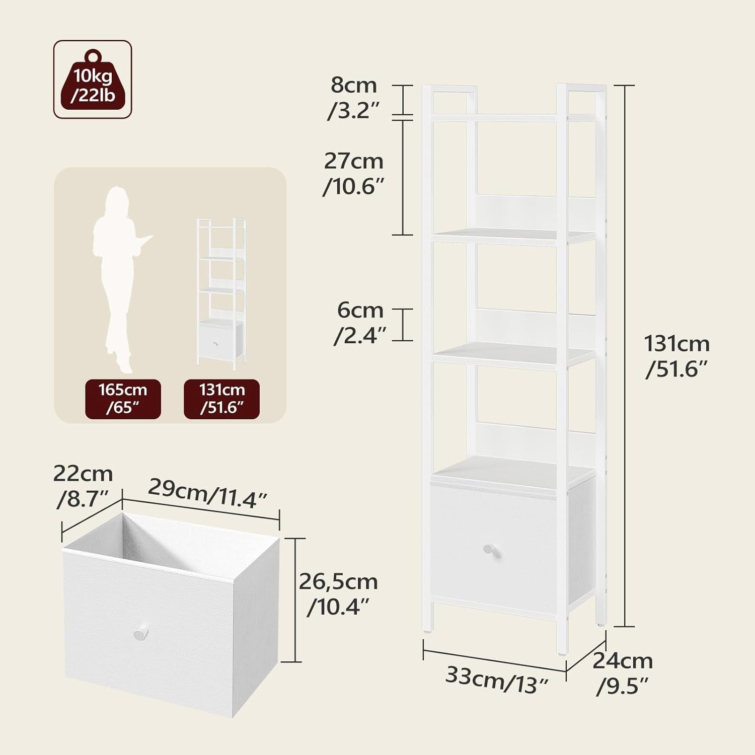 5 Tier Slim Bookshelf with Drawer Space Saving Metal Frame Storage Rack