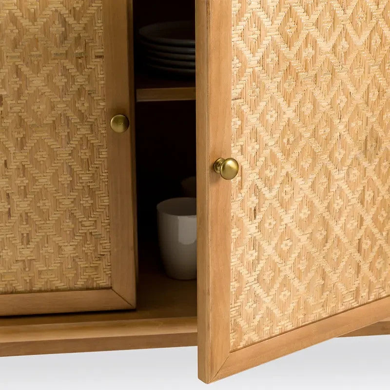 Pine Cane Sideboard Cabinet with Braided Doors & Storage Drawers