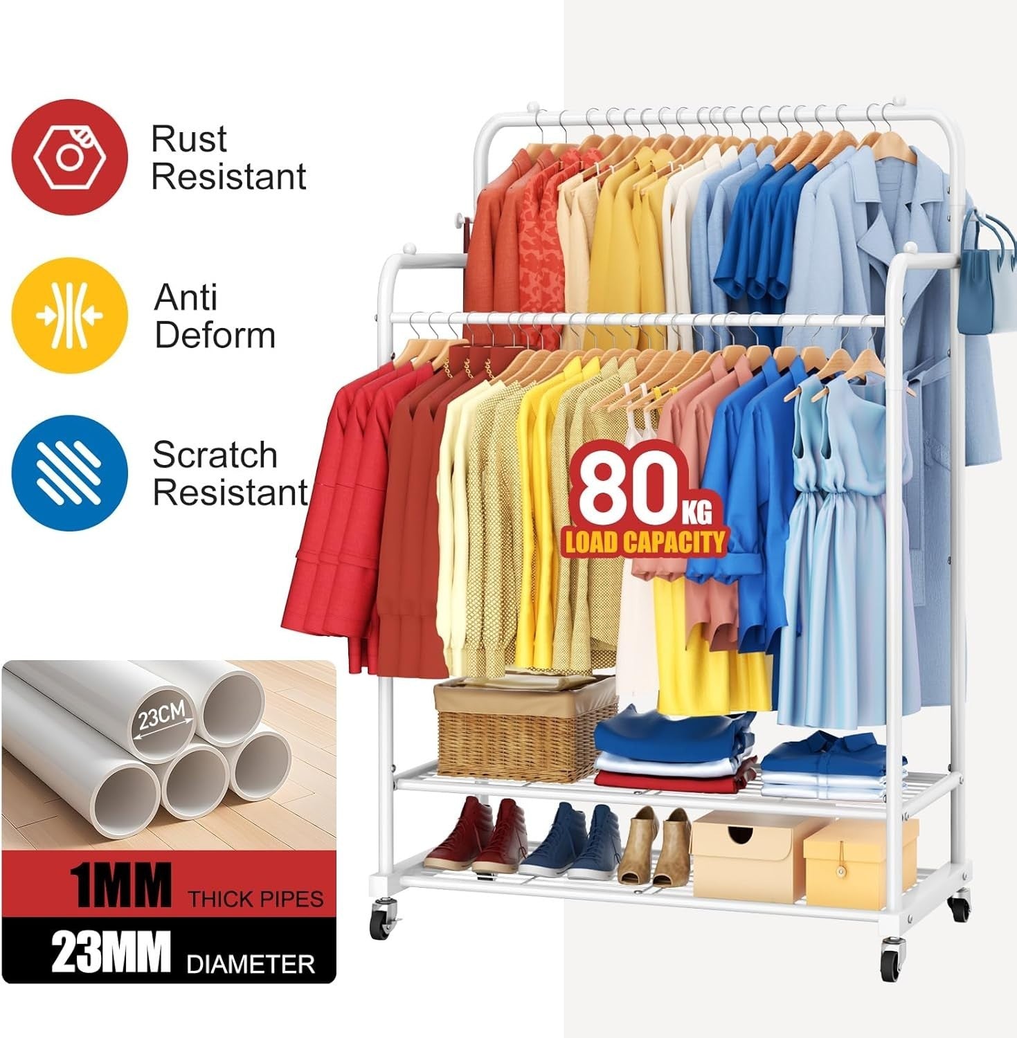 Heavy Duty Double Rod Clothes Rail with Wheels – White 72×41×155cm