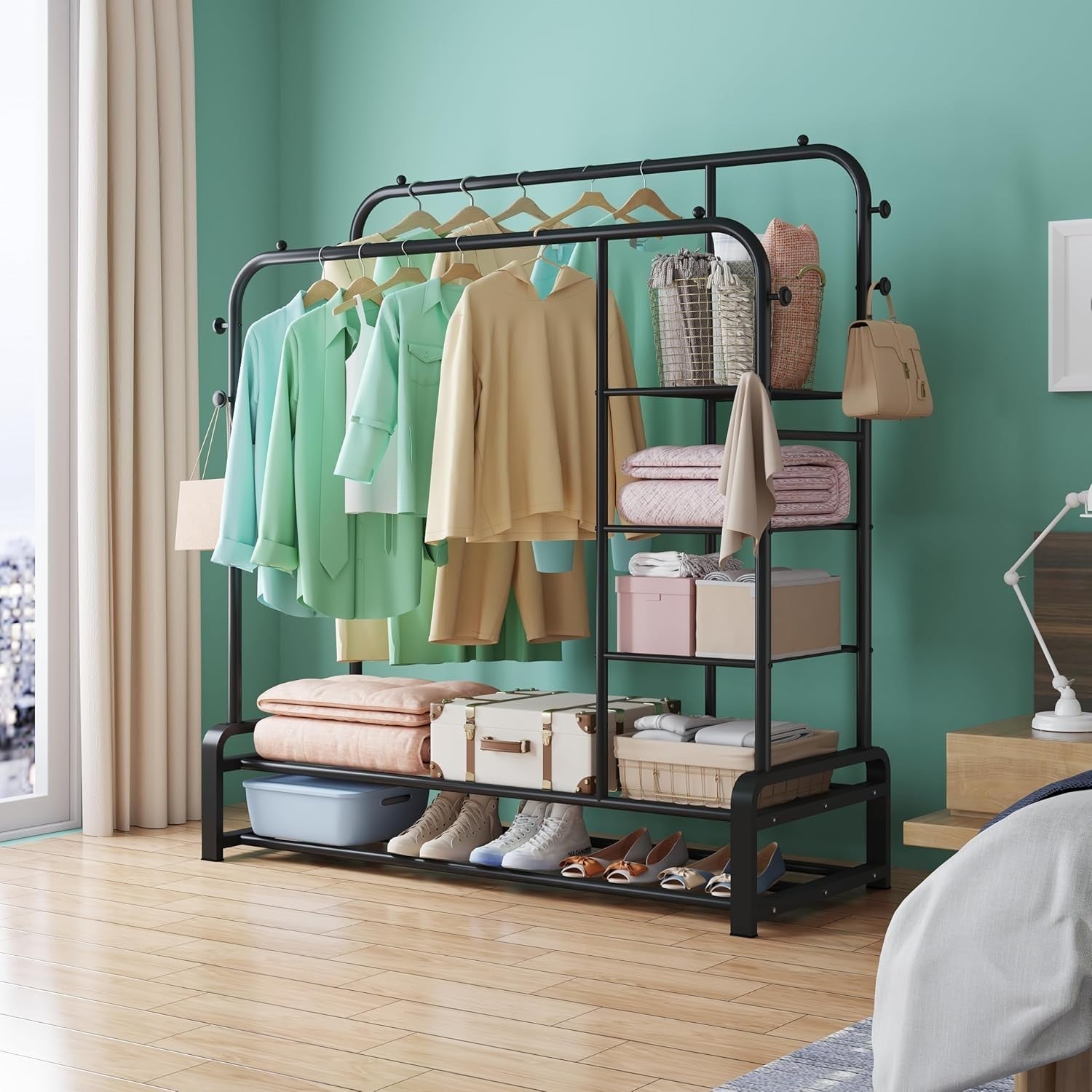 Heavy Duty Clothes Rail with Shelves & Hooks – Black 110×145cm