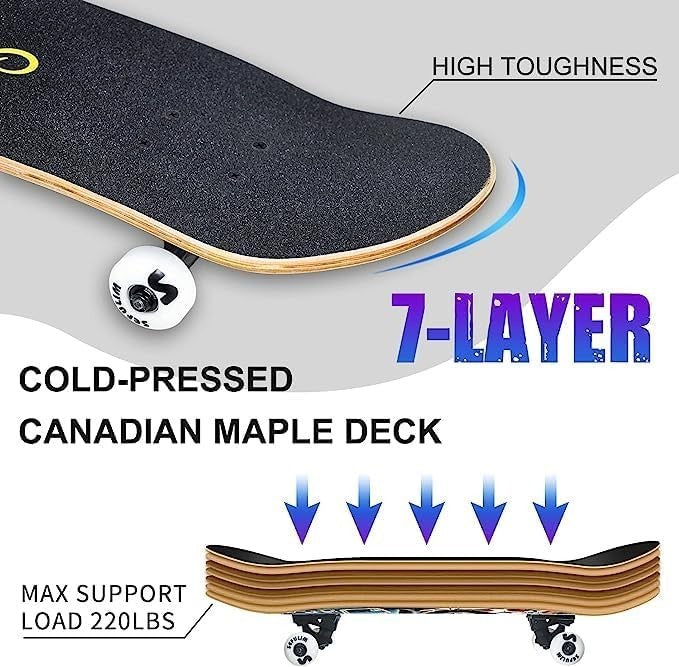 31" Complete Skateboard Maple Double Kick Trick Board Multi Design Teens Adults