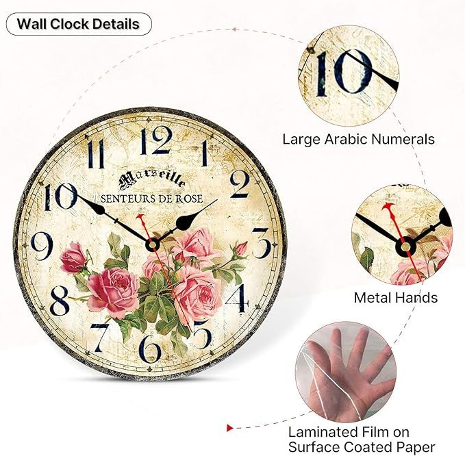 Vintage Floral Wall Clock 14in Wooden Silent Quartz Rustic French Rose Design