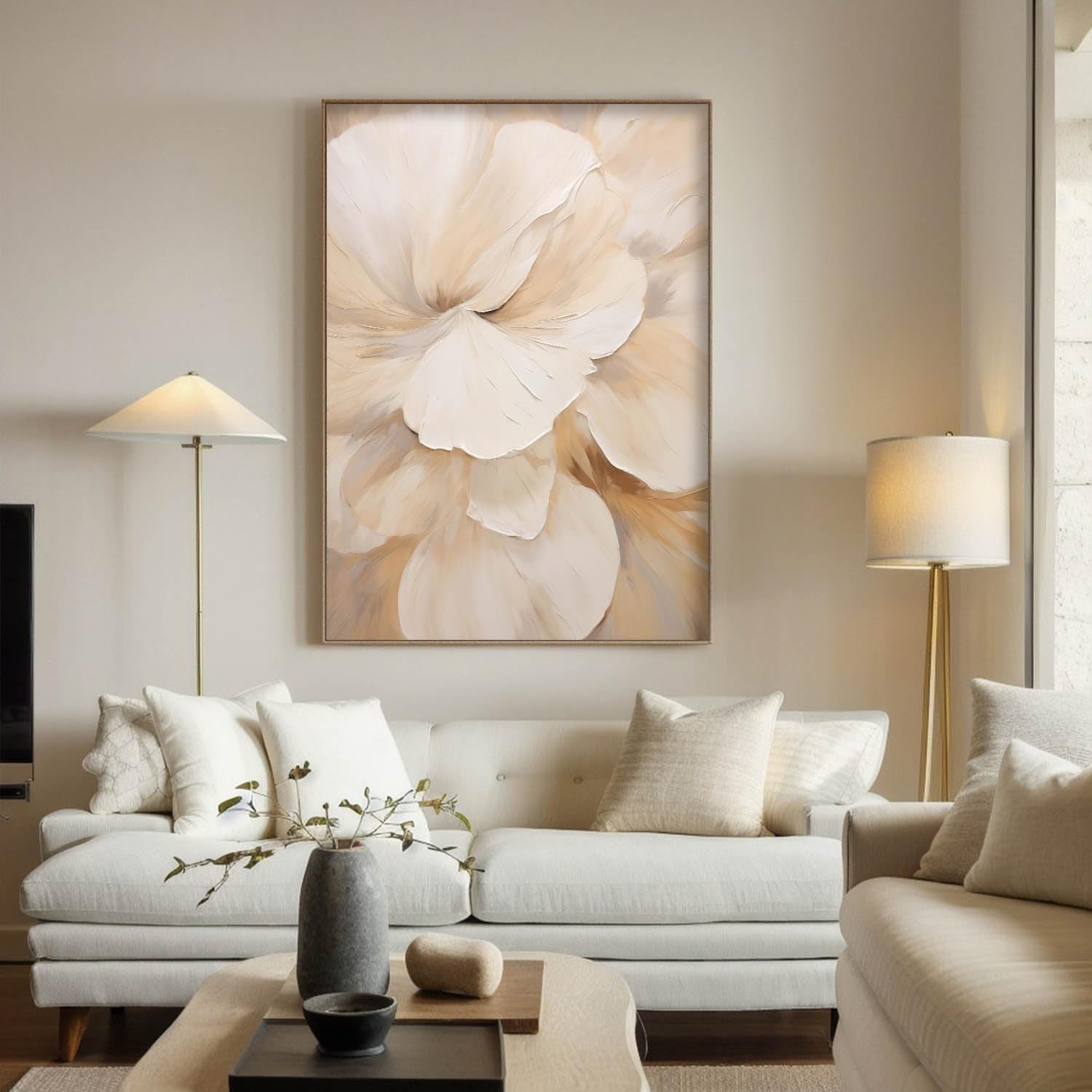 Modern Beige Abstract Flower Canvas Wall Art Boho Neutral 16x24in