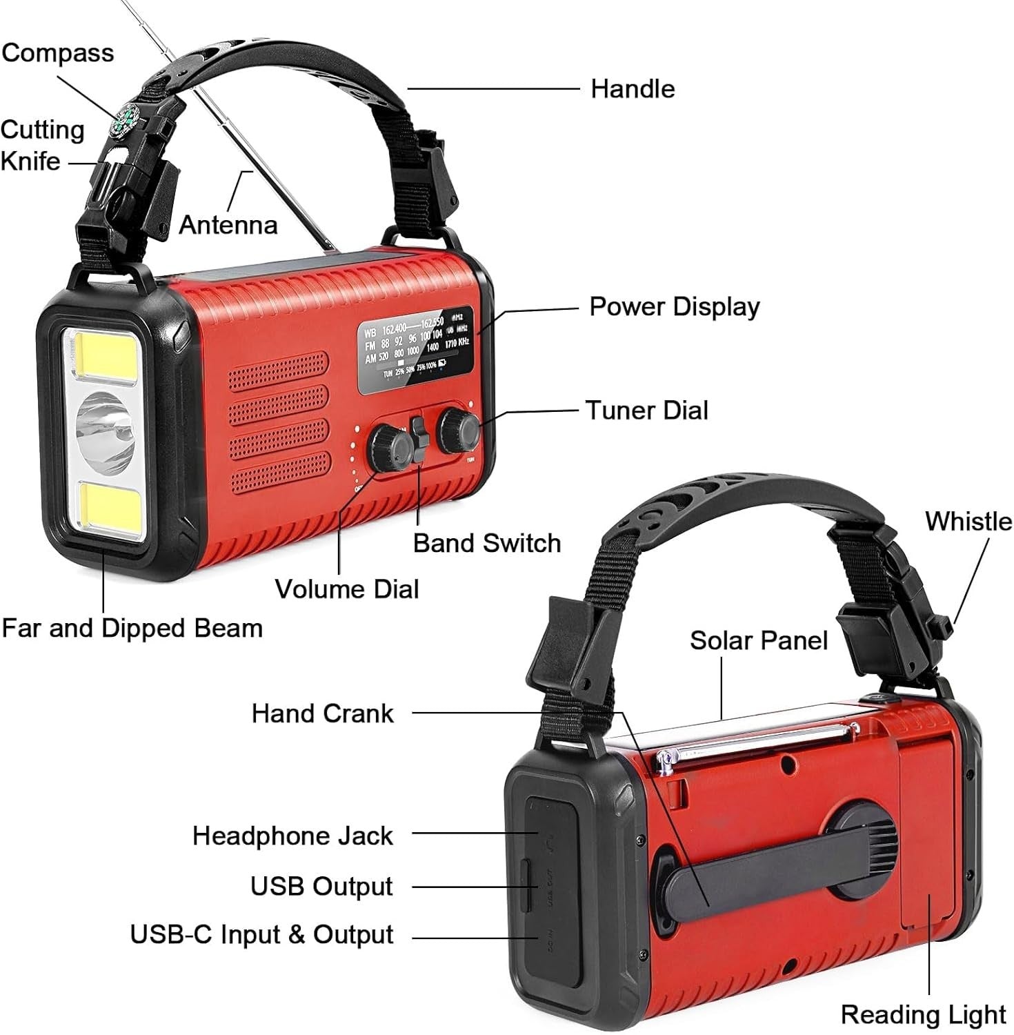 Emergency Solar Hand Crank Radio 20000mAh AM/FM/NOAA Flashlight Red