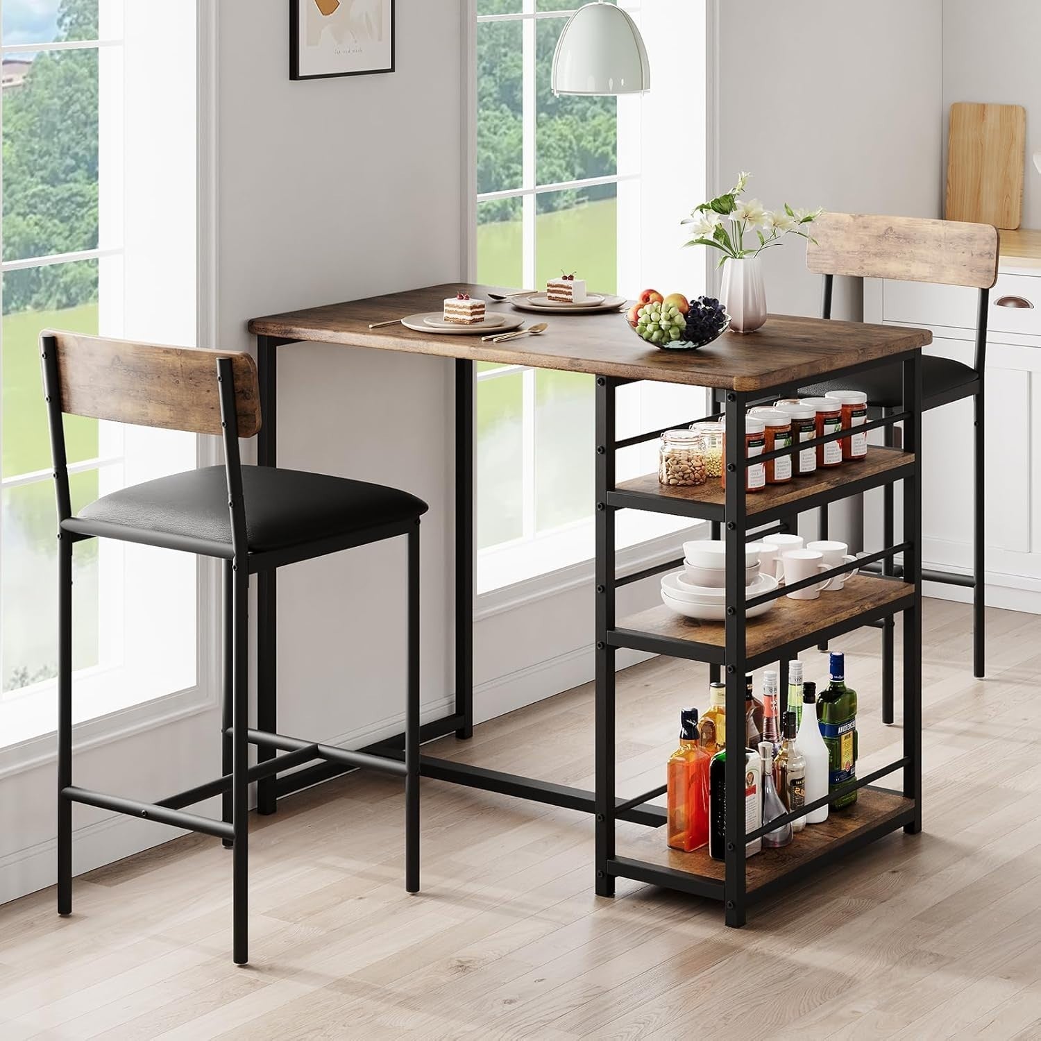 3 Pieces Bar Table Set 2 Upholstered Stools & Storage Shelves High Dining Brown