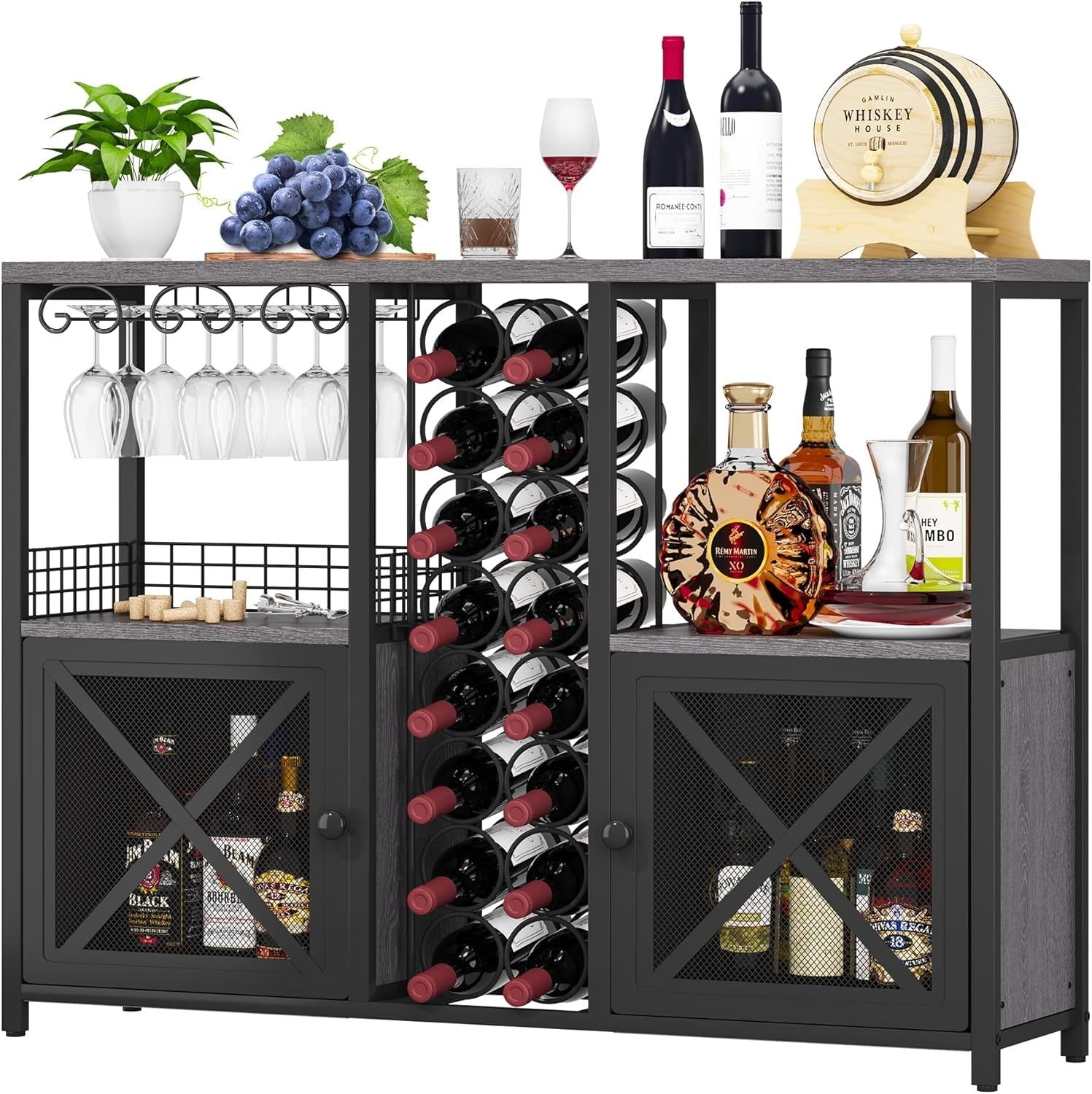 Rustic Home Bar Cabinet with Wine Rack & Glass Holder, Liquor Sideboard Storage