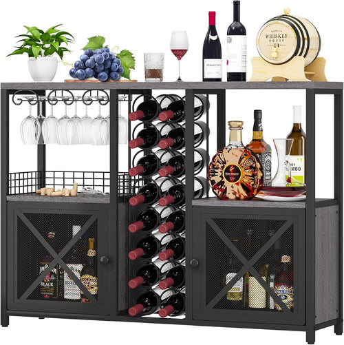 Rustic Home Bar Cabinet with Wine Rack & Glass Holder, Liquor Sideboard Storage