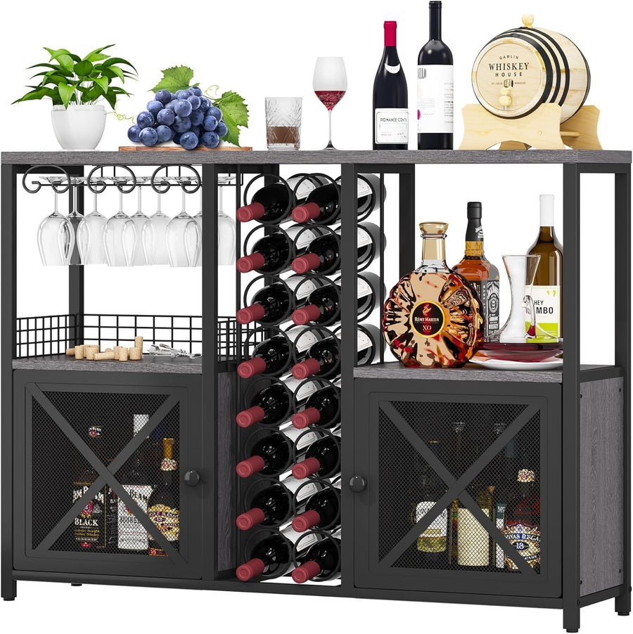Rustic Home Bar Cabinet with Wine Rack & Glass Holder, Liquor Sideboard Storage