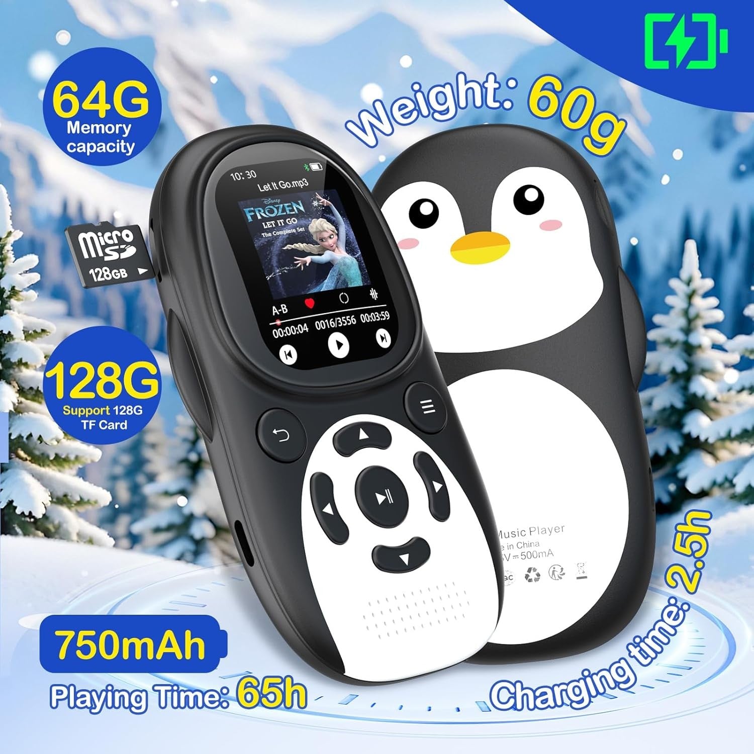 Kids MP3 Player 64GB Bluetooth 5.3 Penguin FM Speaker Recorder