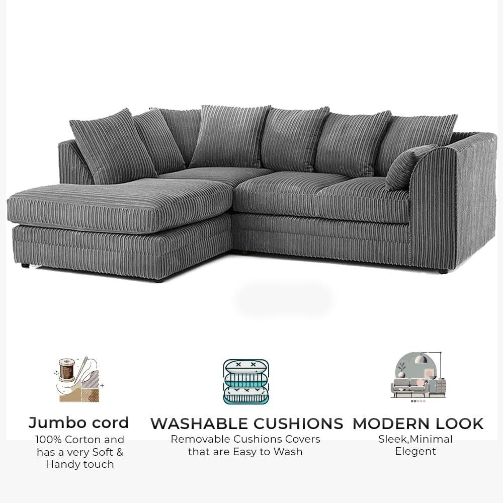 Grey Jumbo Cord L Shape Corner Sofa 4 Seater LH – Comfy Modular Couch