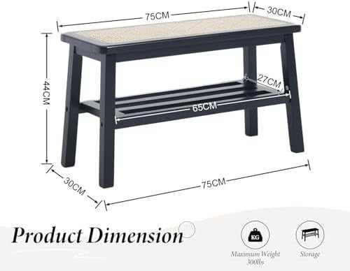 Black Rattan Dining Bench with Solid Wood Legs Entryway Shoe Storage Ottoman