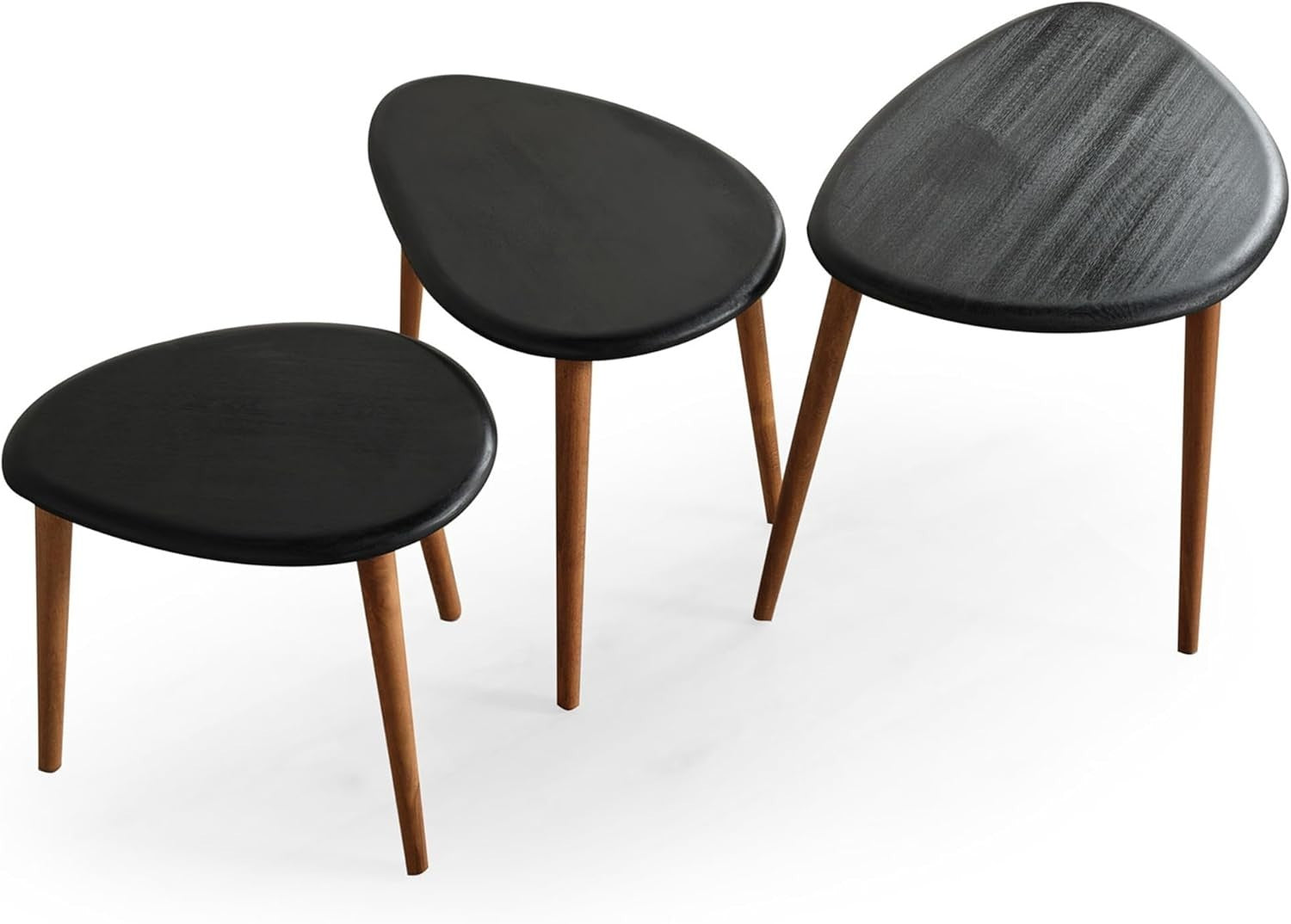 Black Wood Oval Nesting Coffee Side End Table Set of 3 Mid-Century Modern