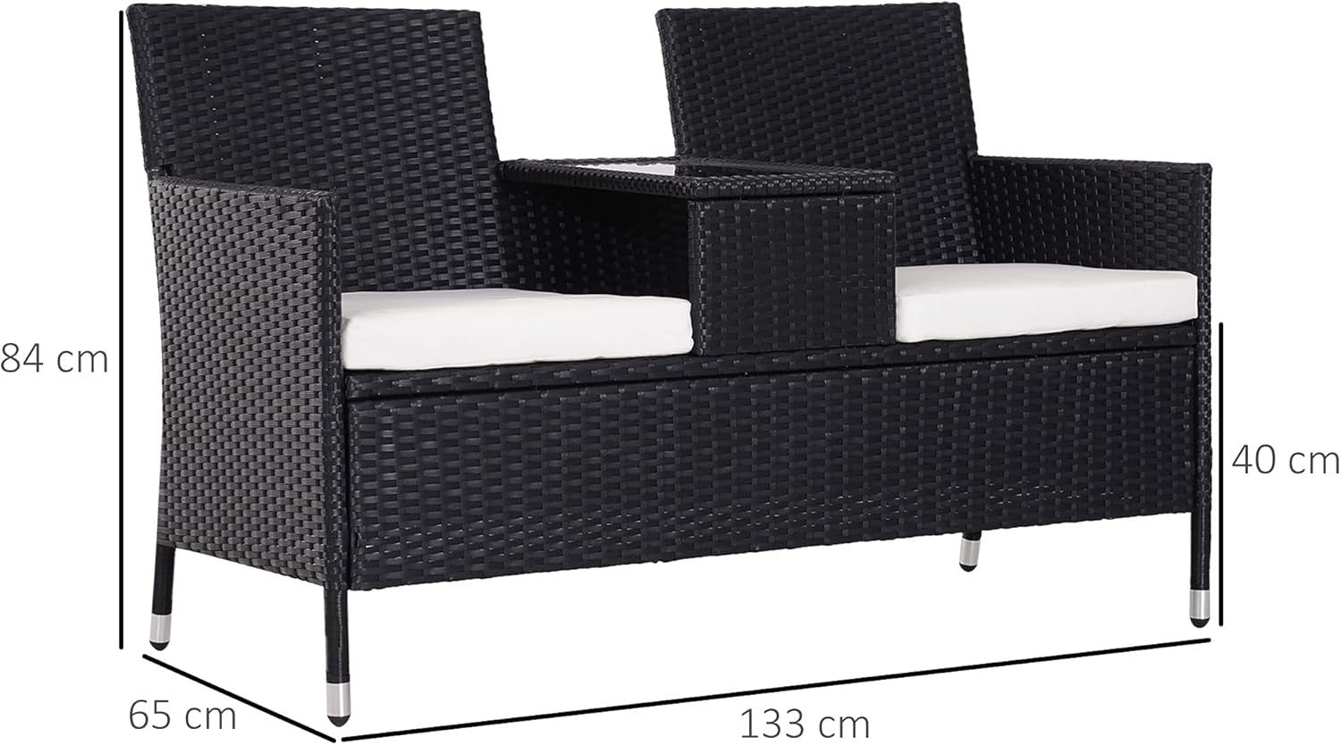 2-Seater Outdoor Rattan Garden Sofa with Table & Cushions Black Patio