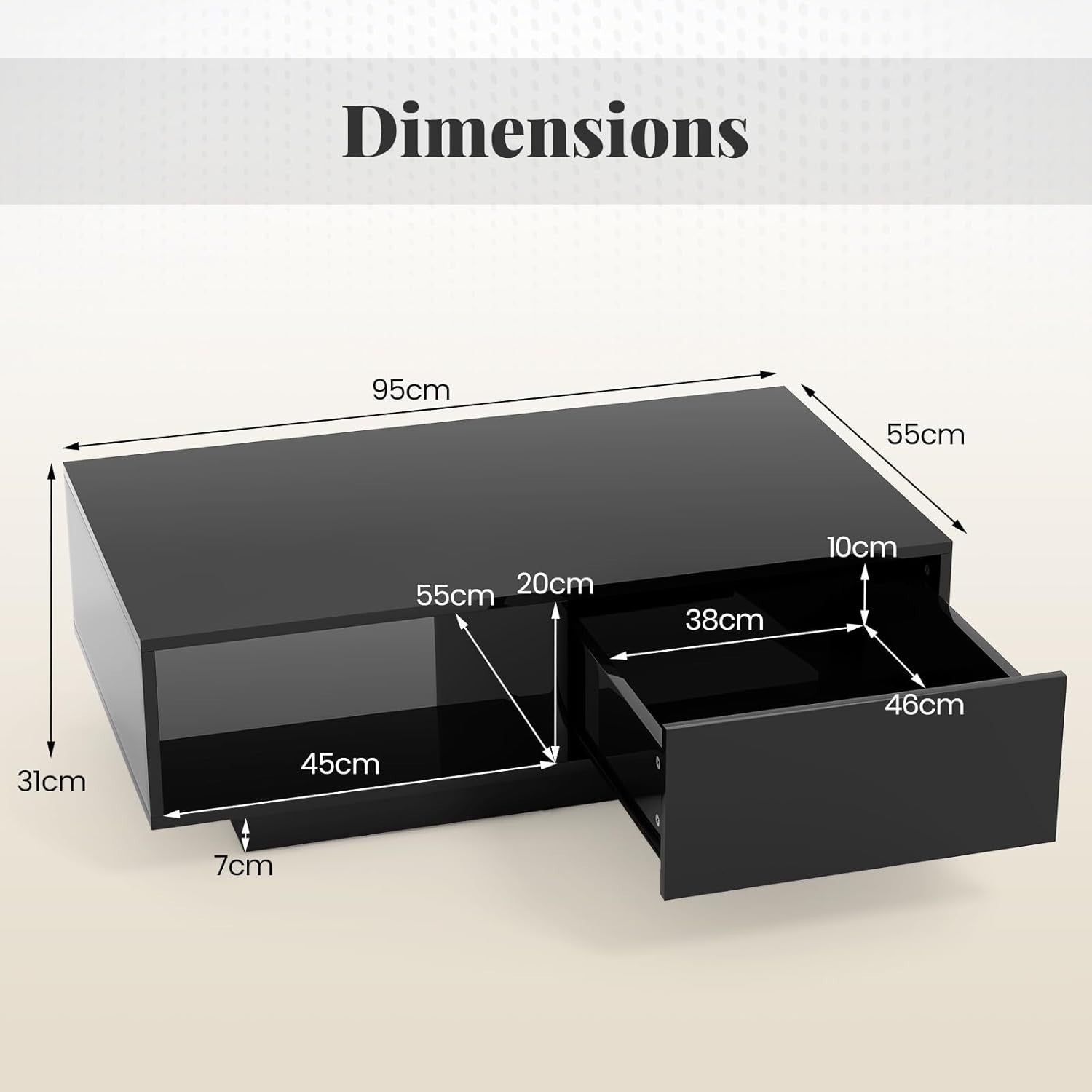 Modern LED Coffee Table with Storage Drawer – 20 Colour Lights, Black